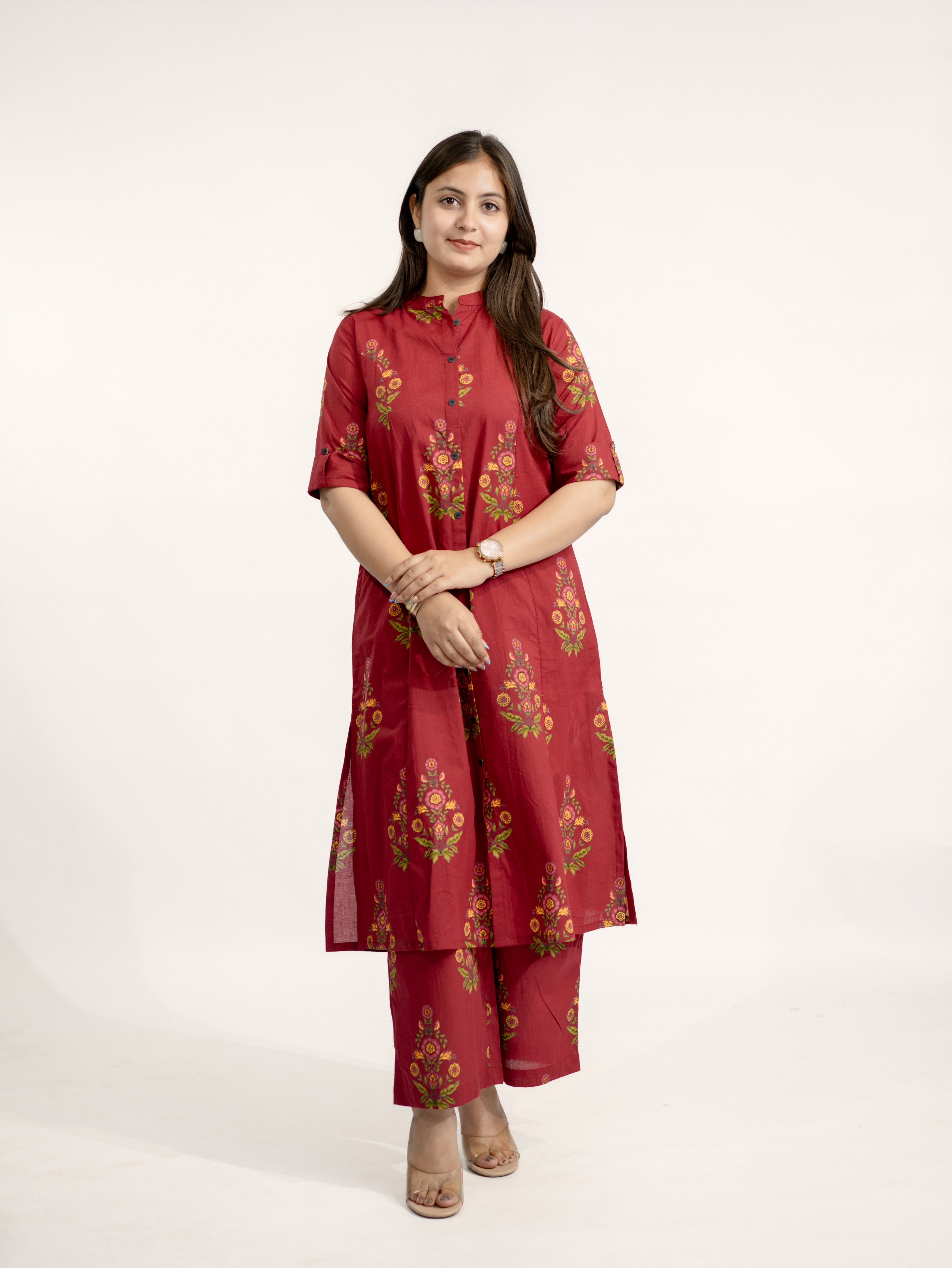 Liora Maroon Floral A-line Cotton Kurta Set