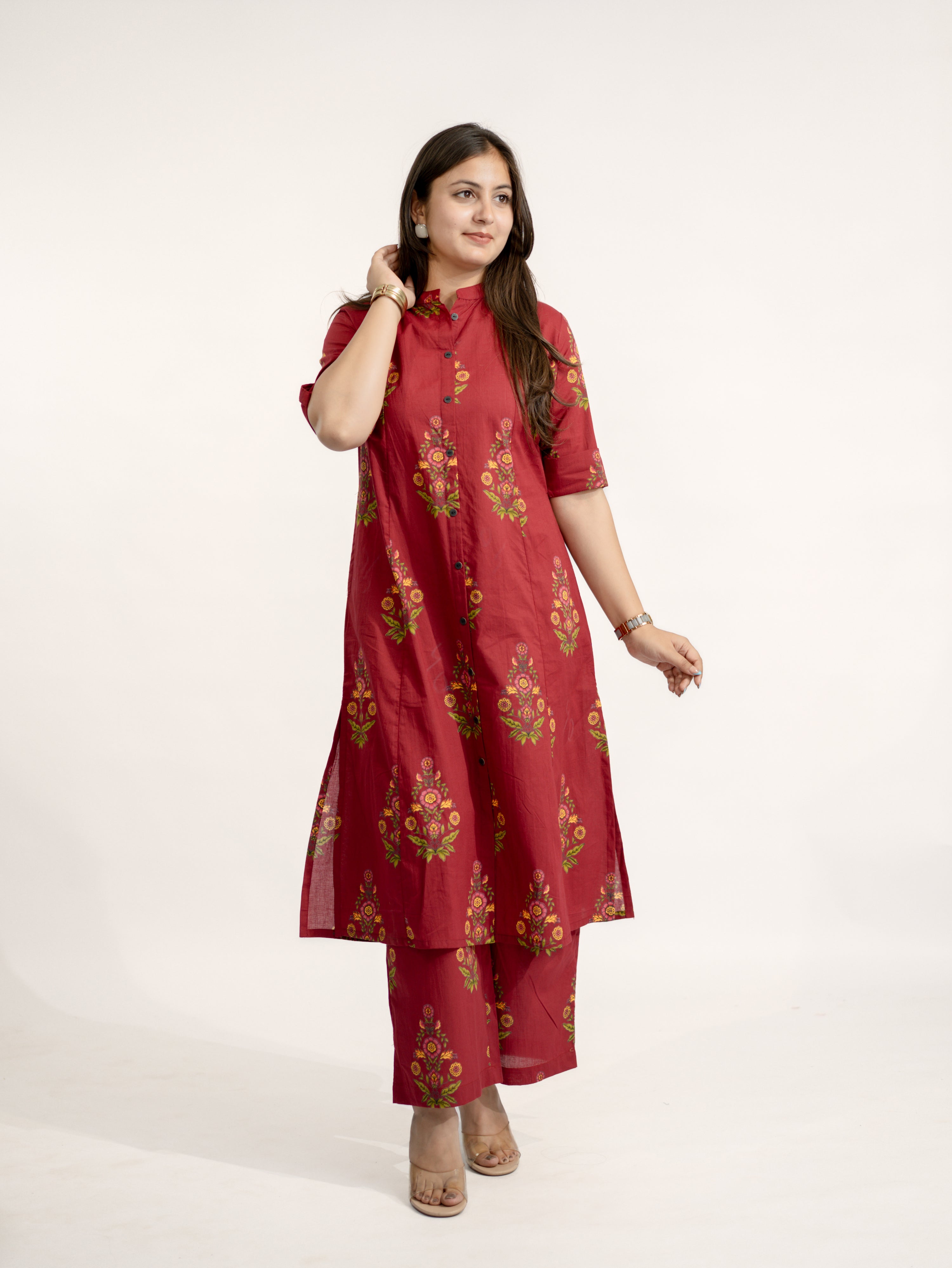 Liora Maroon Floral A-line Cotton Kurta Set