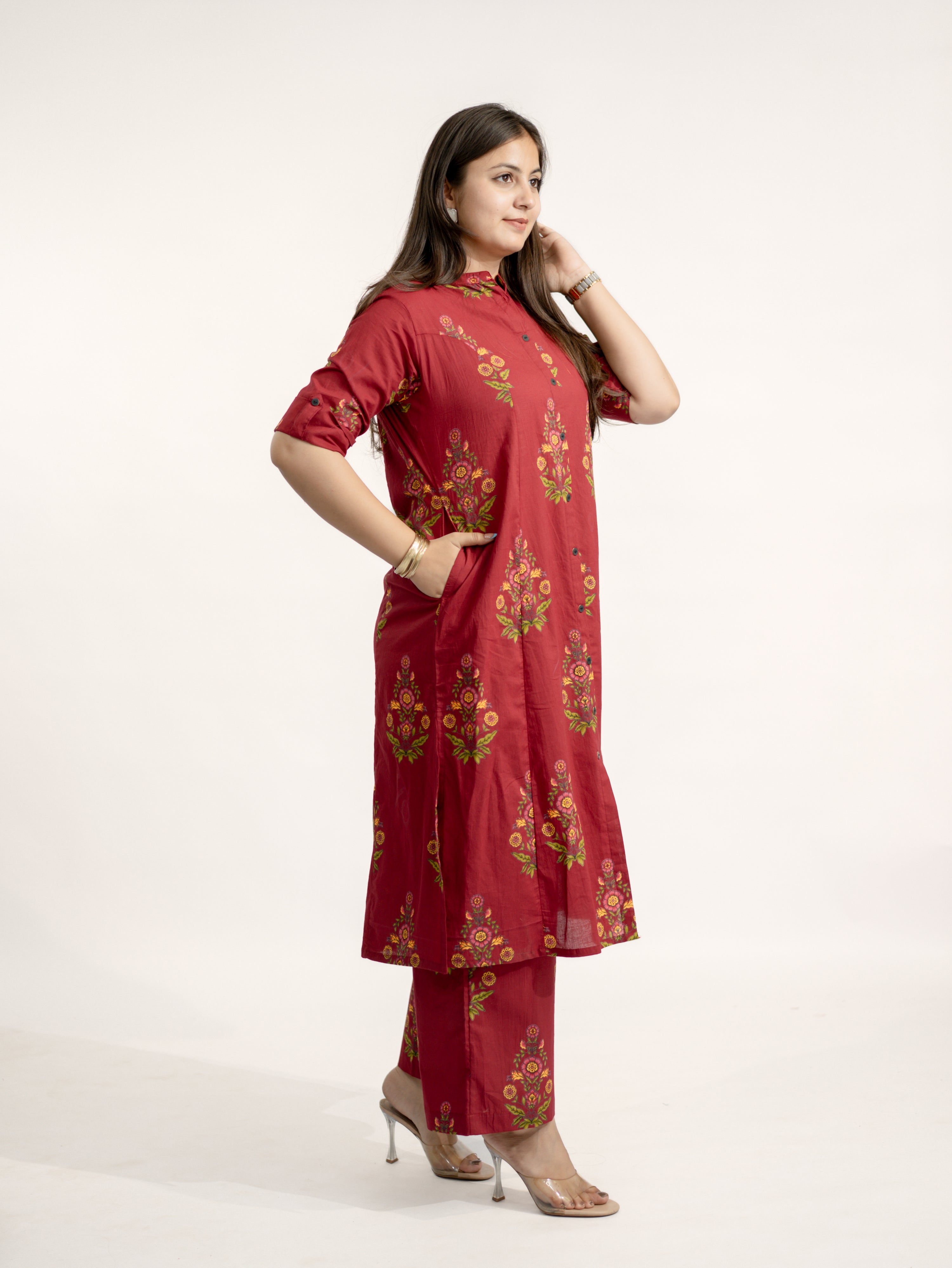 Liora Maroon Floral A-line Cotton Kurta Set