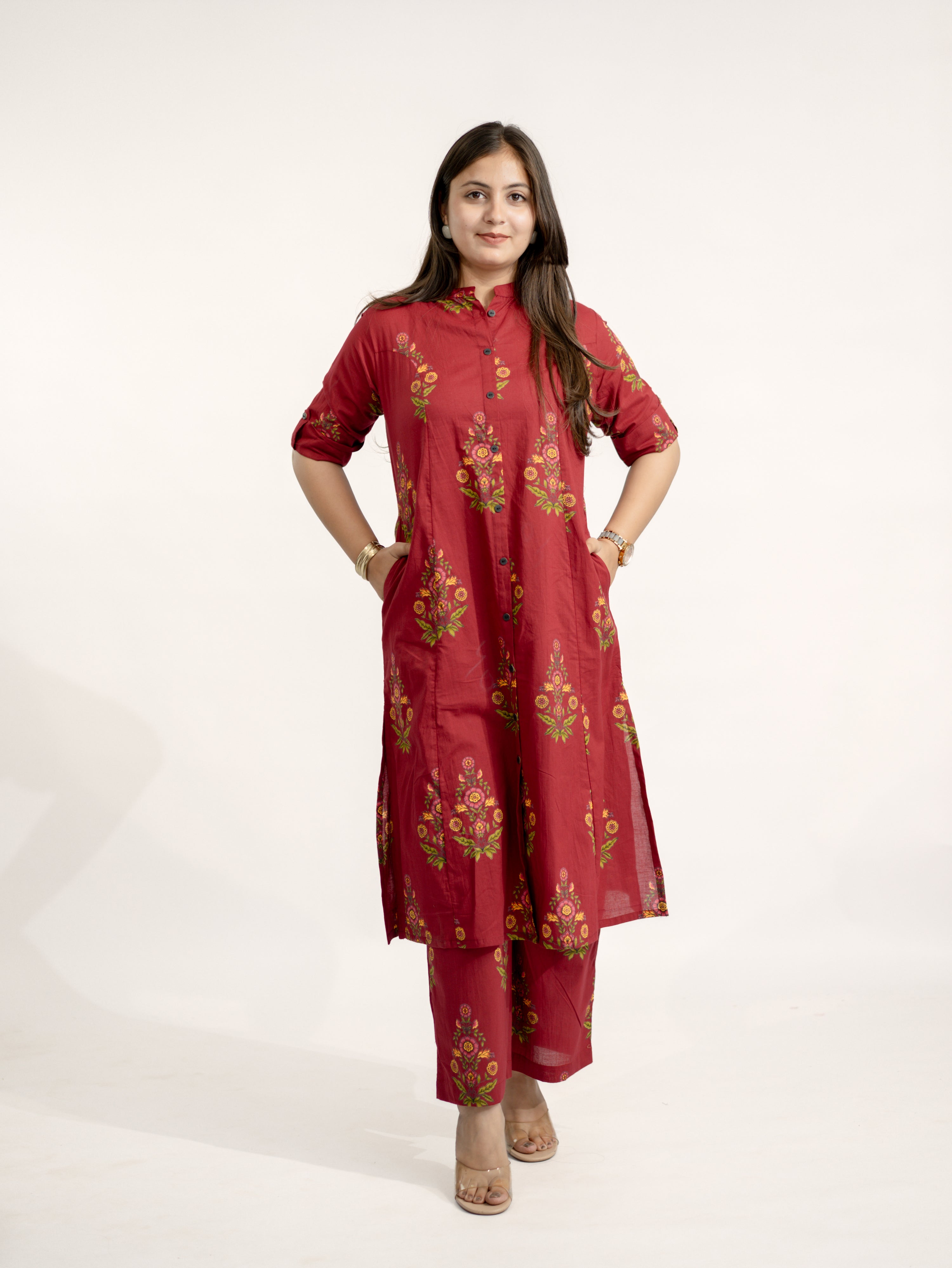 Liora Maroon Floral A-line Cotton Kurta Set