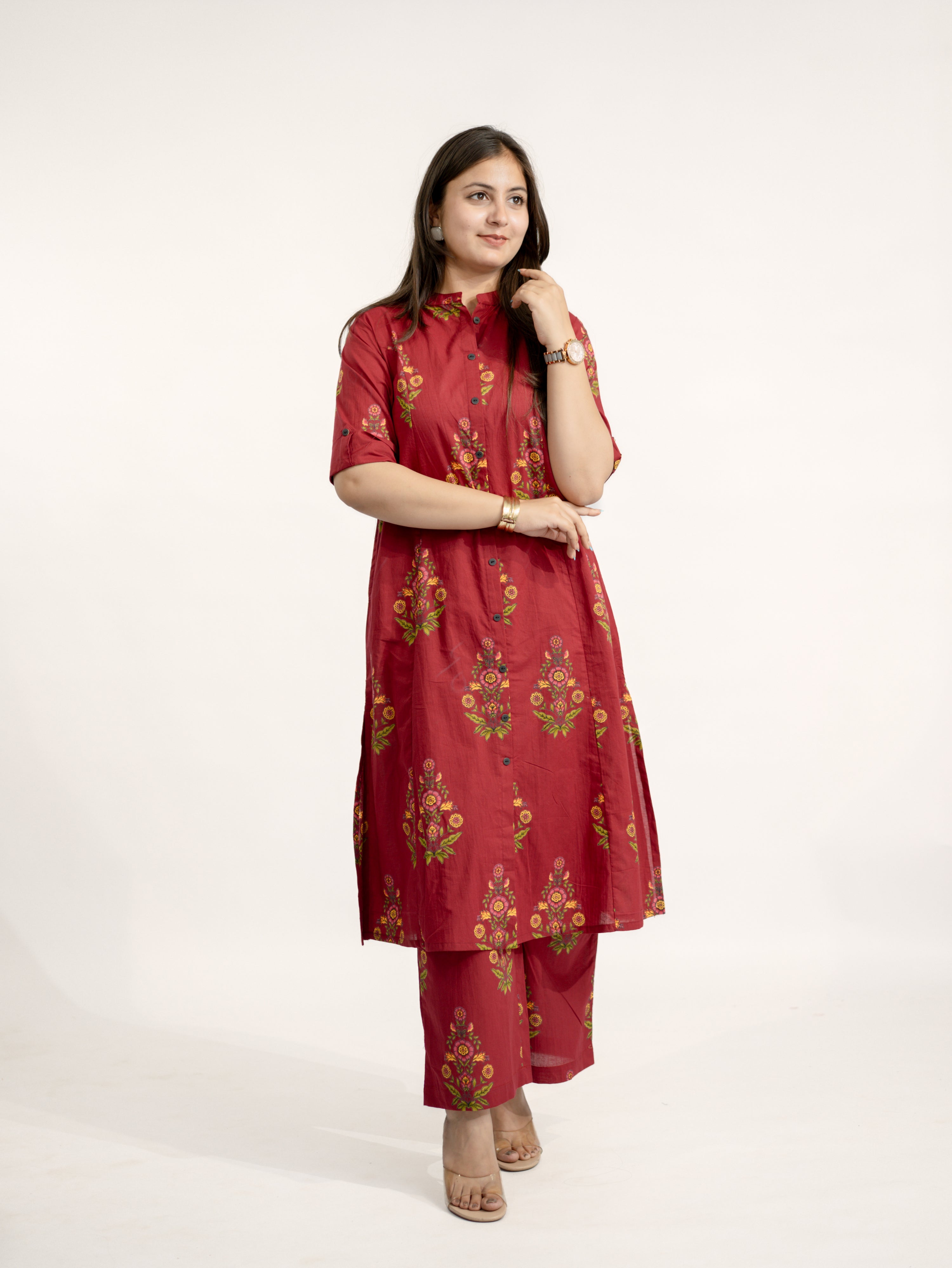 Liora Maroon Floral A-line Cotton Kurta Set