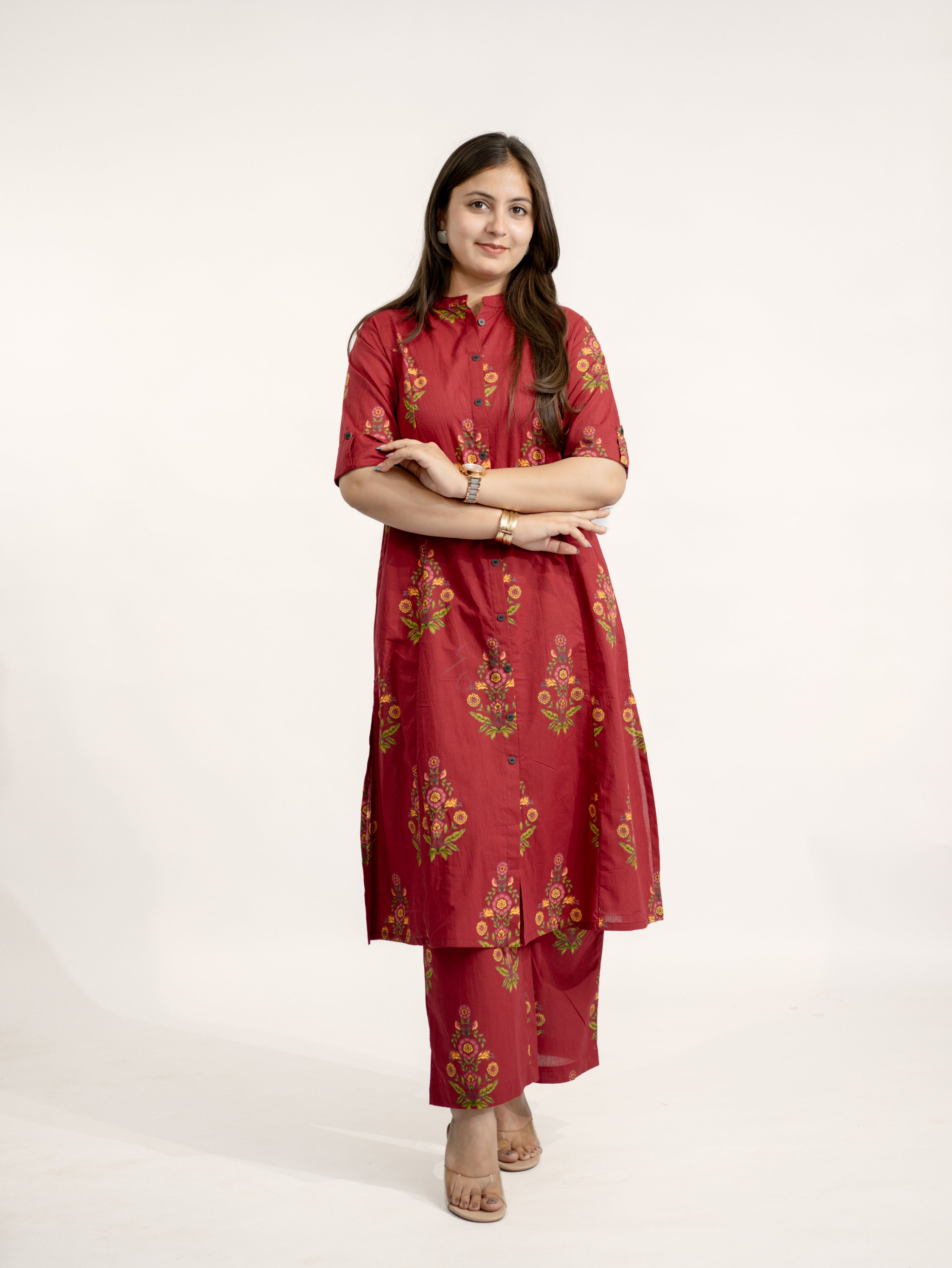 Liora Maroon Floral A-line Cotton Kurta Set