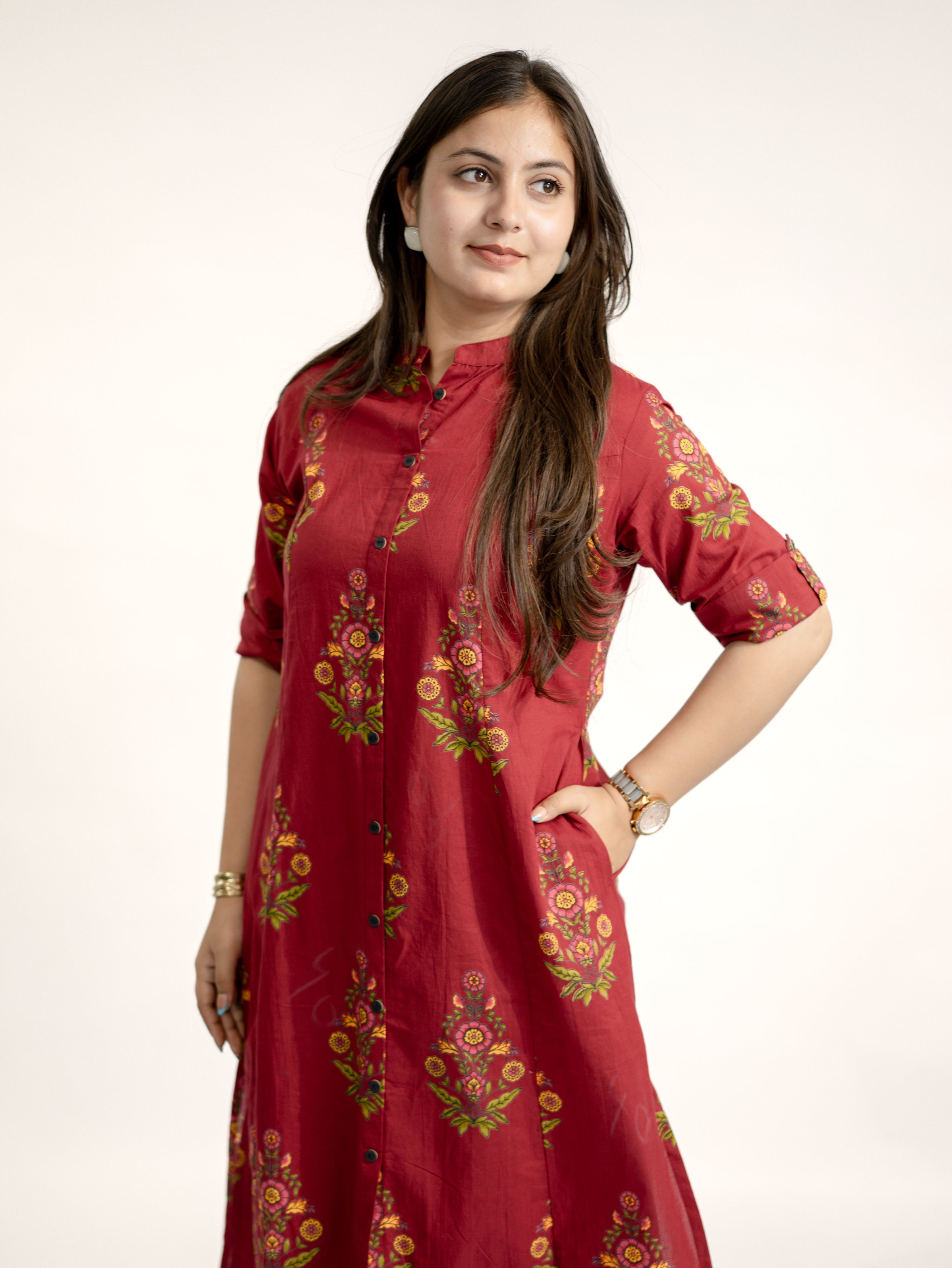 Liora Maroon Floral A-line Cotton Kurta Set