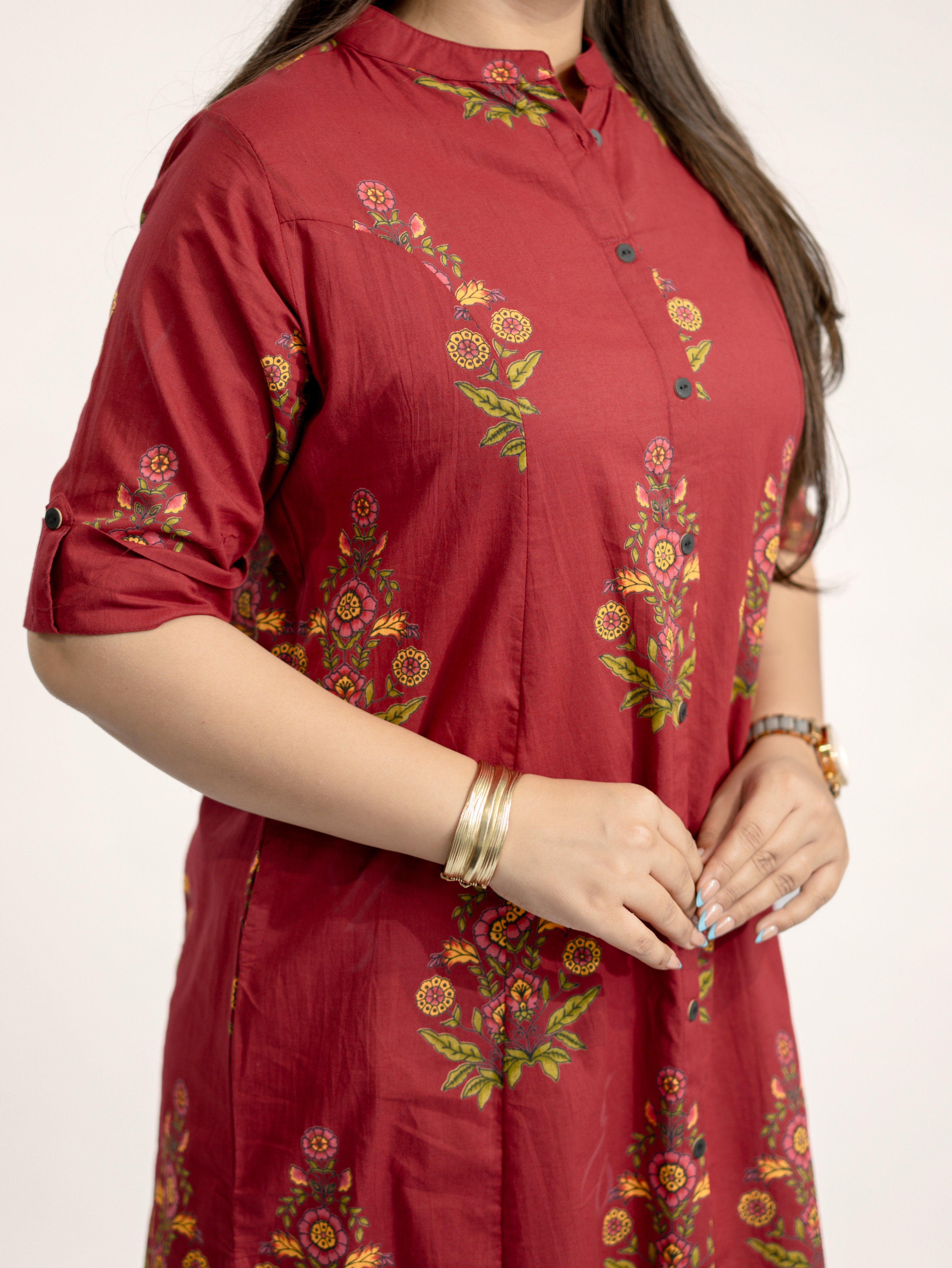 Liora Maroon Floral A-line Cotton Kurta Set