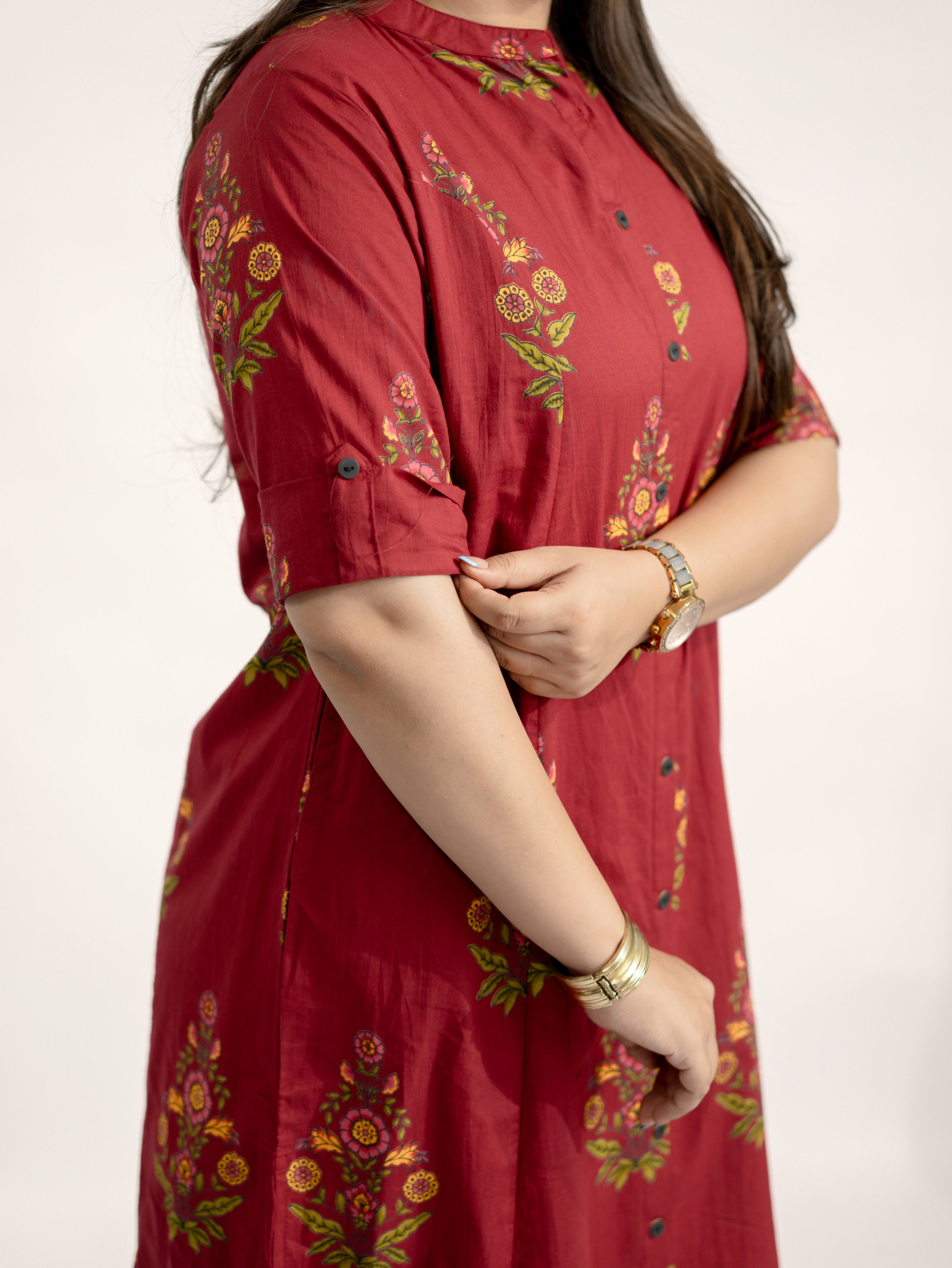 Liora Maroon Floral A-line Cotton Kurta Set