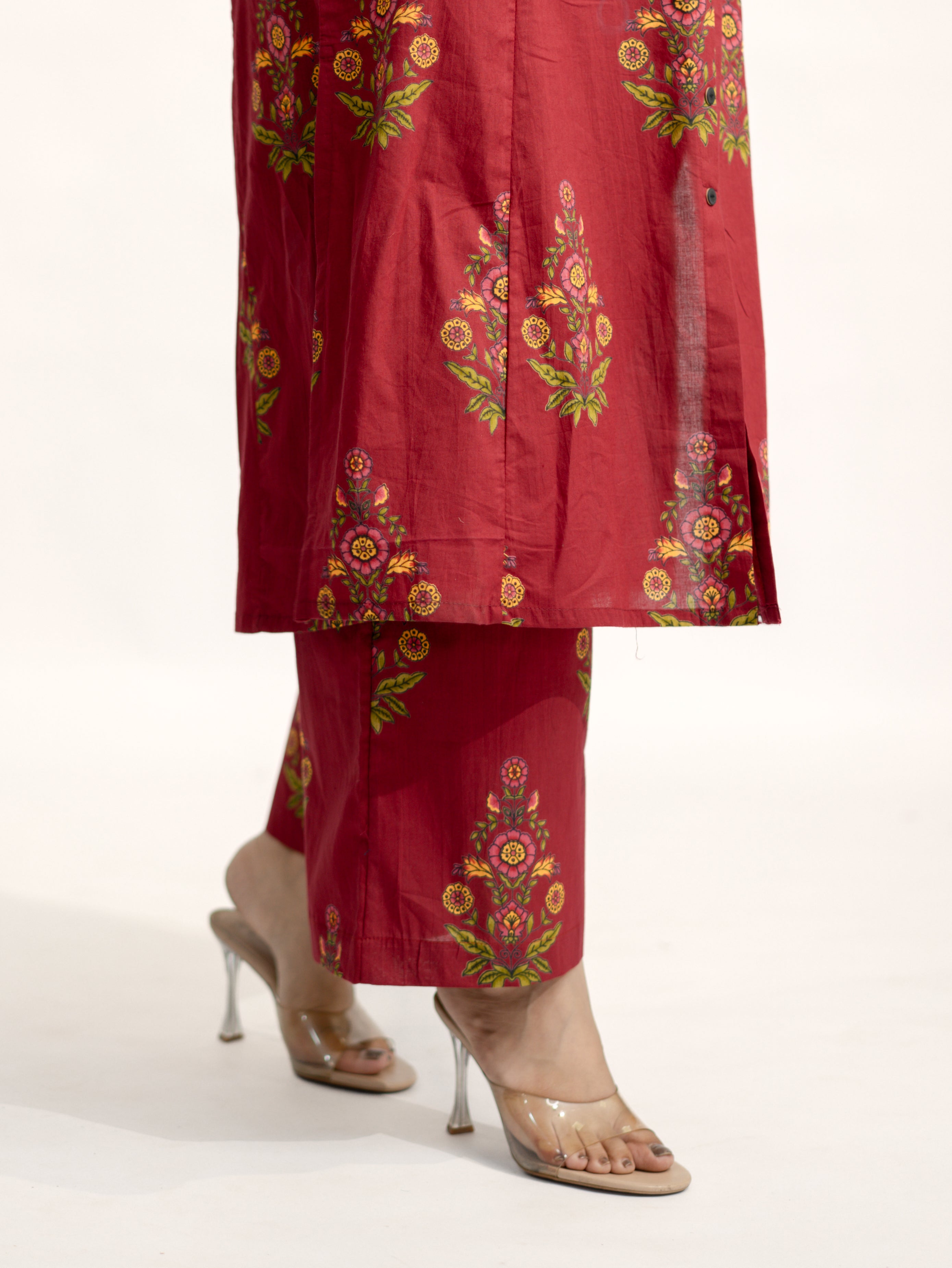 Liora Maroon Floral A-line Cotton Kurta Set