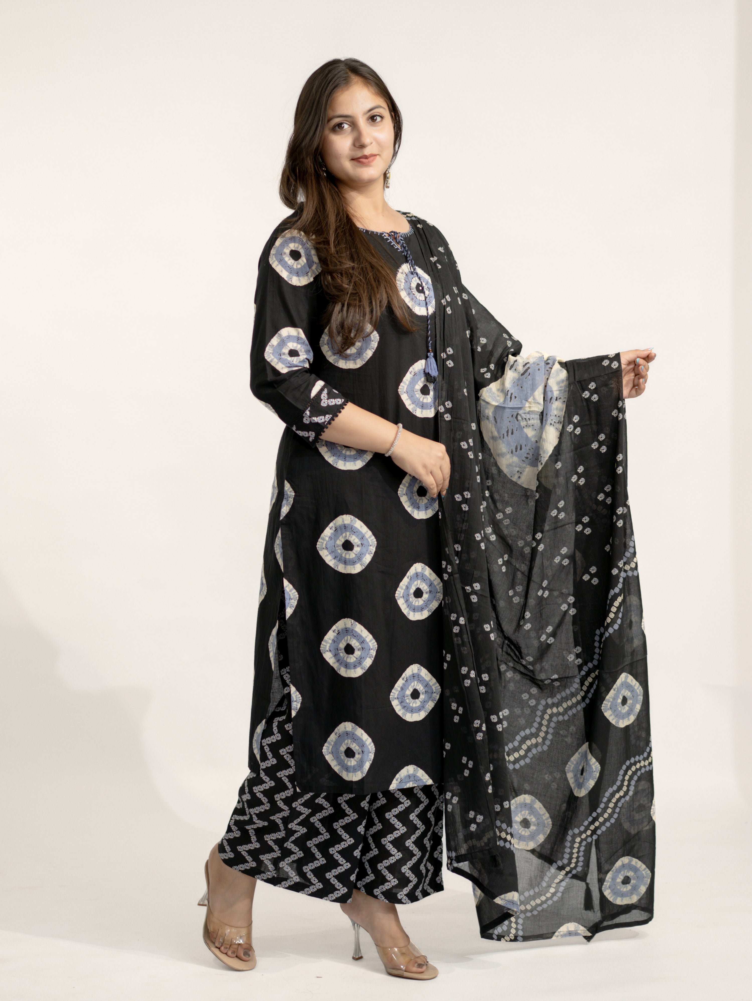Amaya Black Cotton Bandhani Straight Katha Detailed Dupatta Set