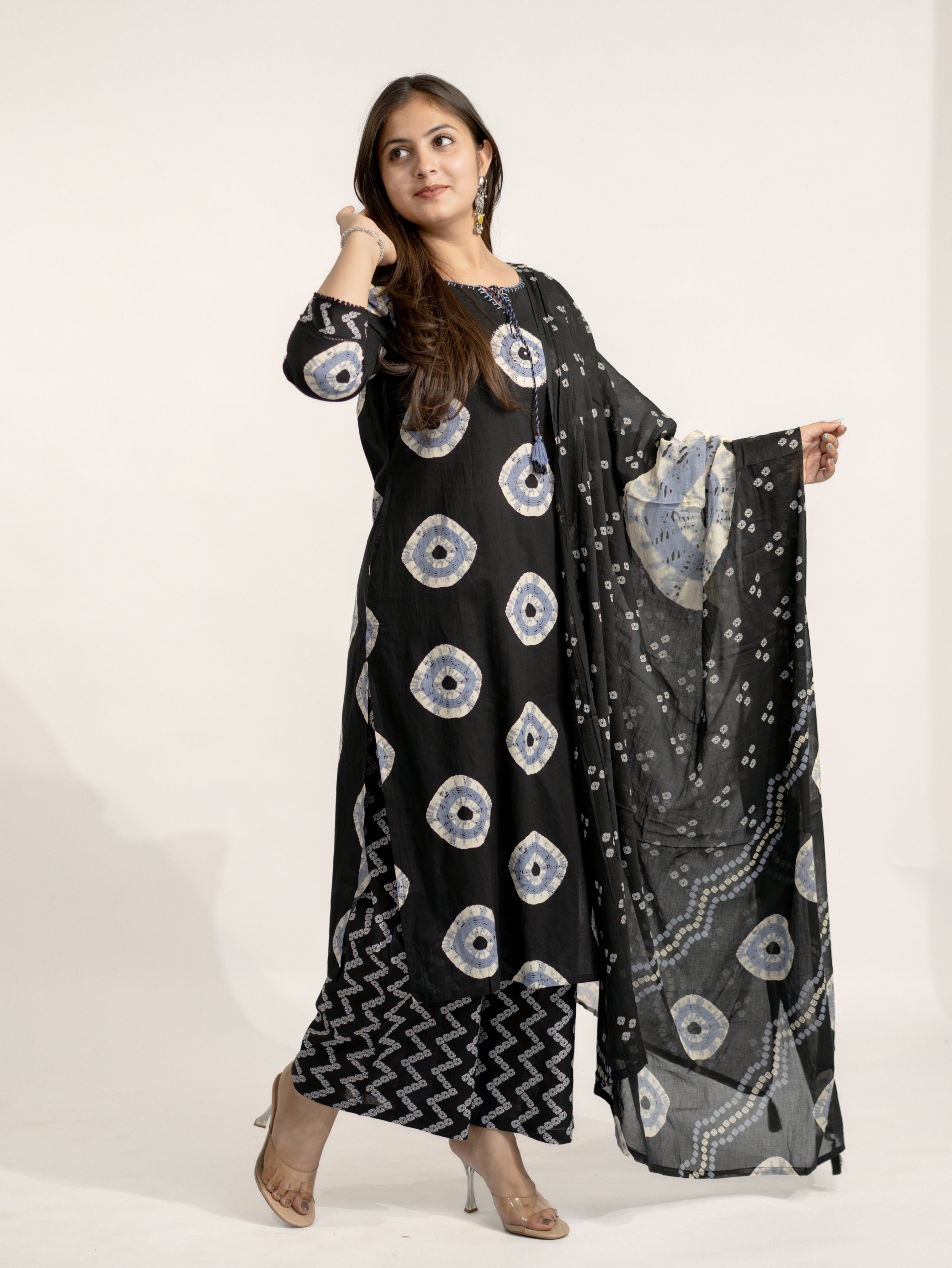Amaya Black Cotton Bandhani Straight Katha Detailed Dupatta Set