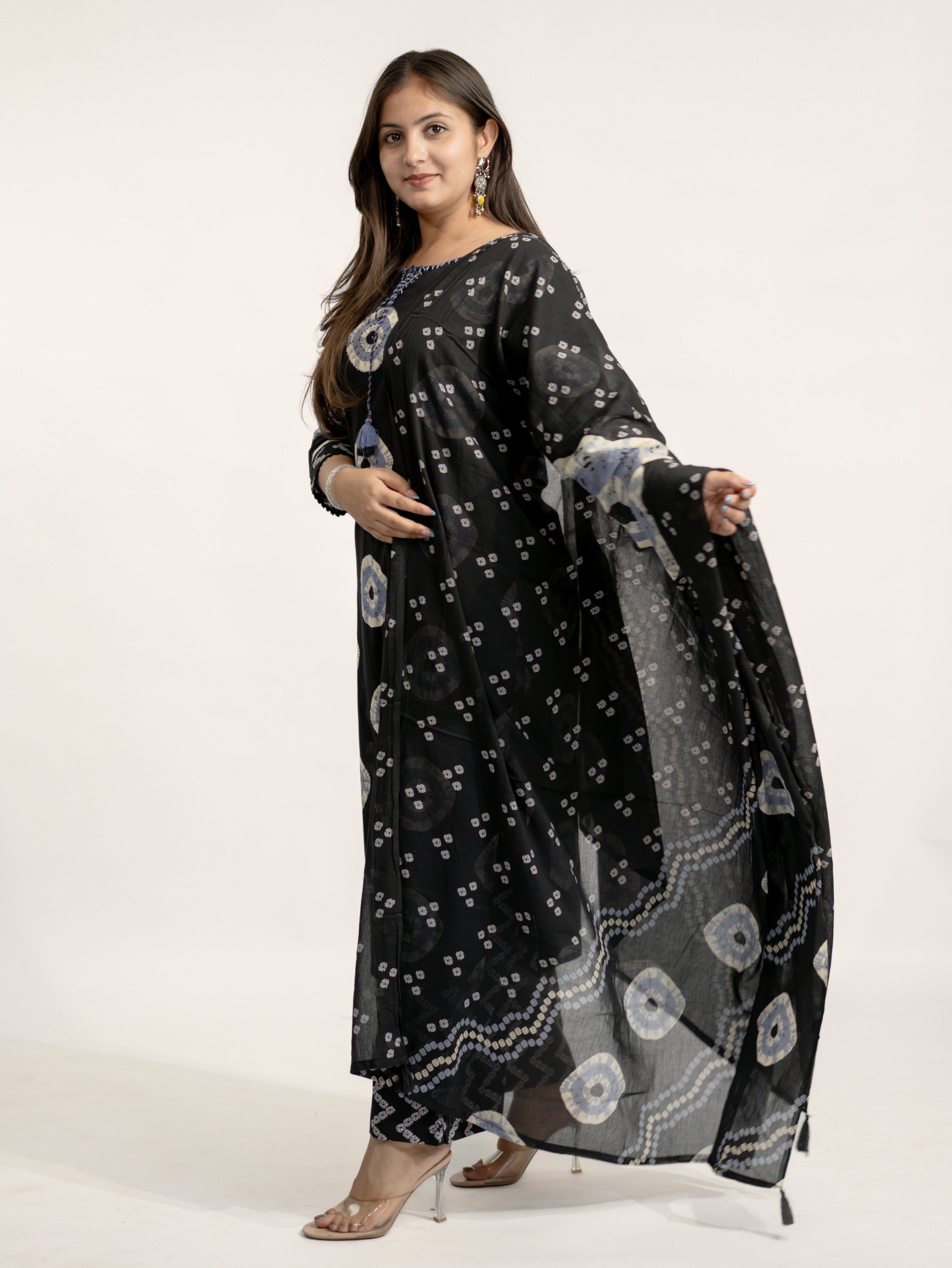Amaya Black Cotton Bandhani Straight Katha Detailed Dupatta Set