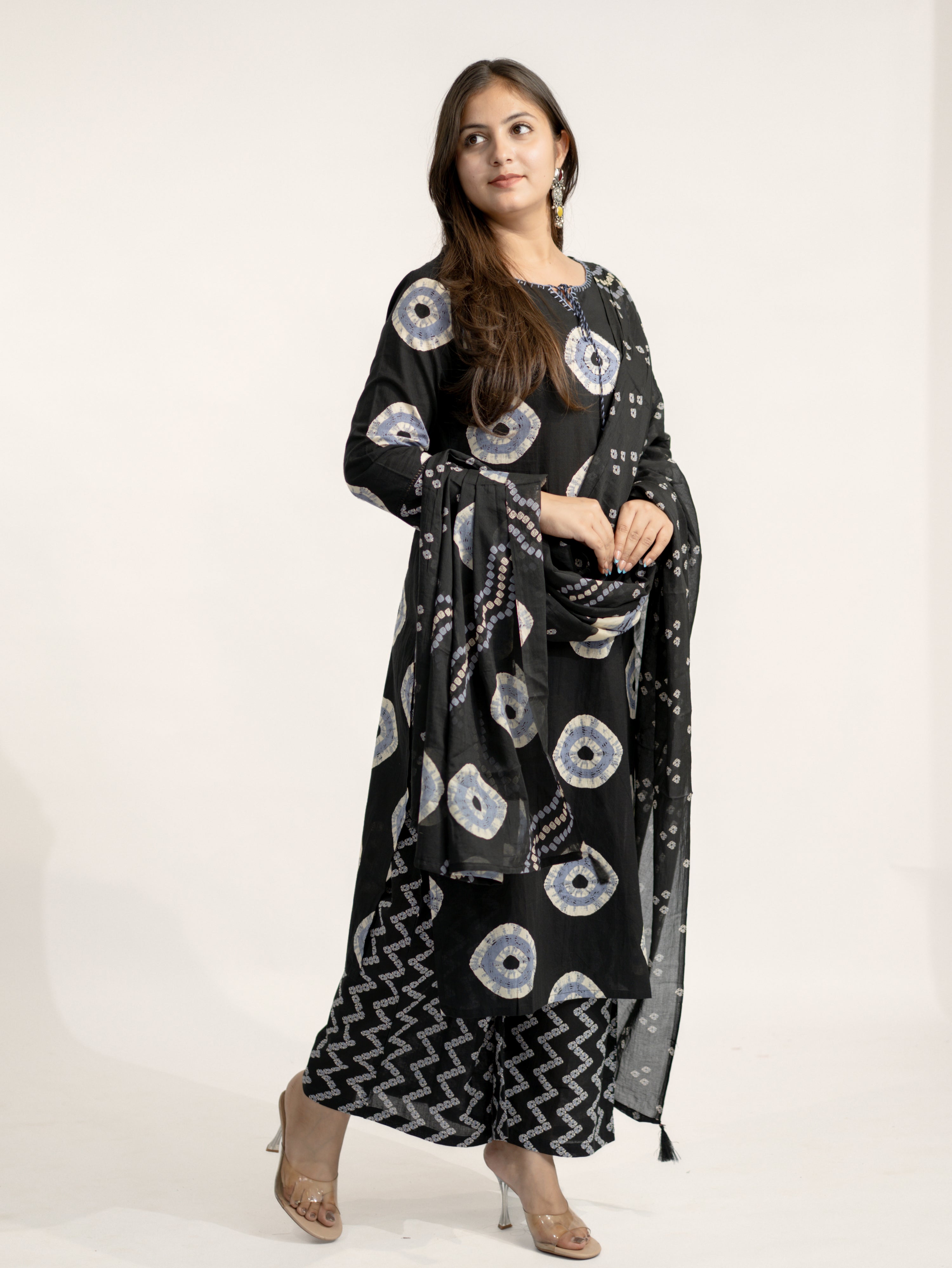 Amaya Black Cotton Bandhani Straight Katha Detailed Dupatta Set
