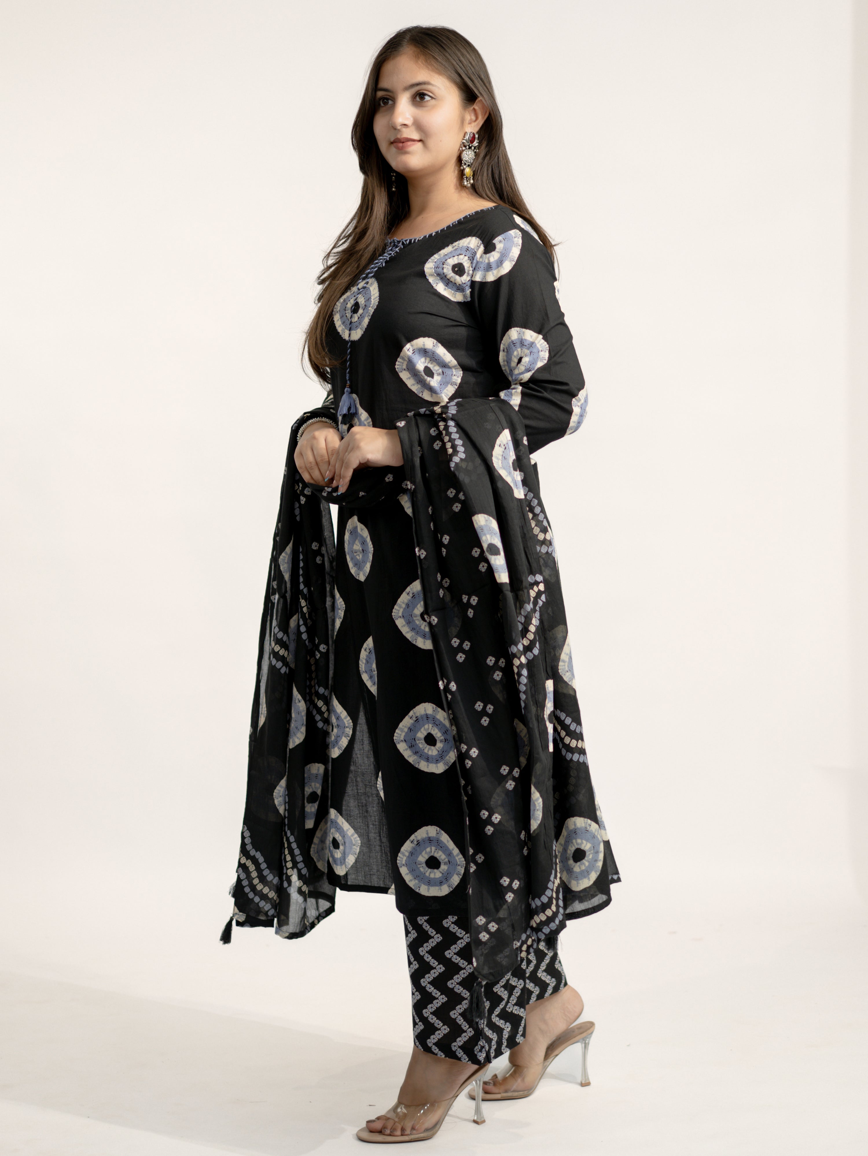 Amaya Black Cotton Bandhani Straight Katha Detailed Dupatta Set