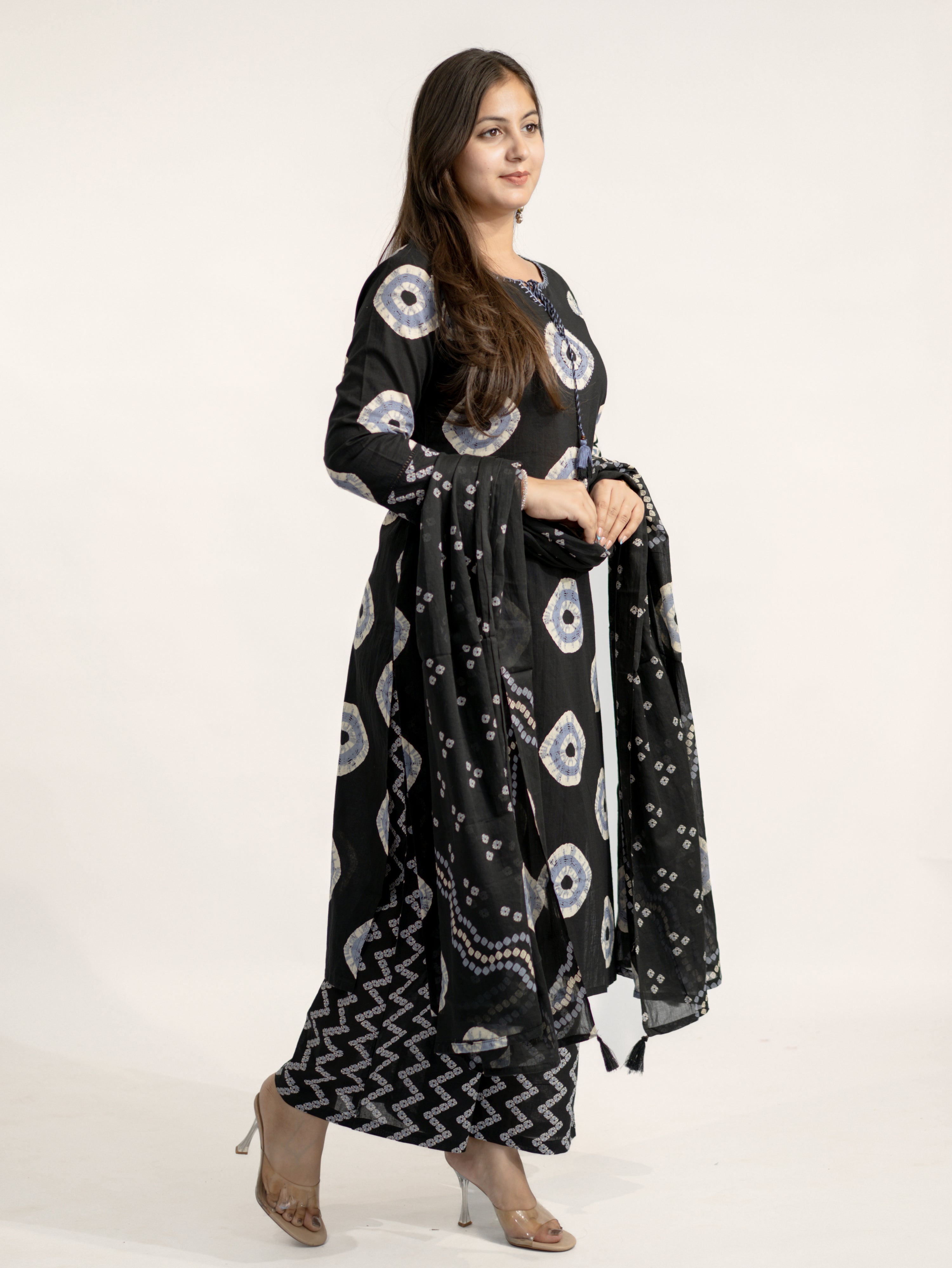 Amaya Black Cotton Bandhani Straight Katha Detailed Dupatta Set