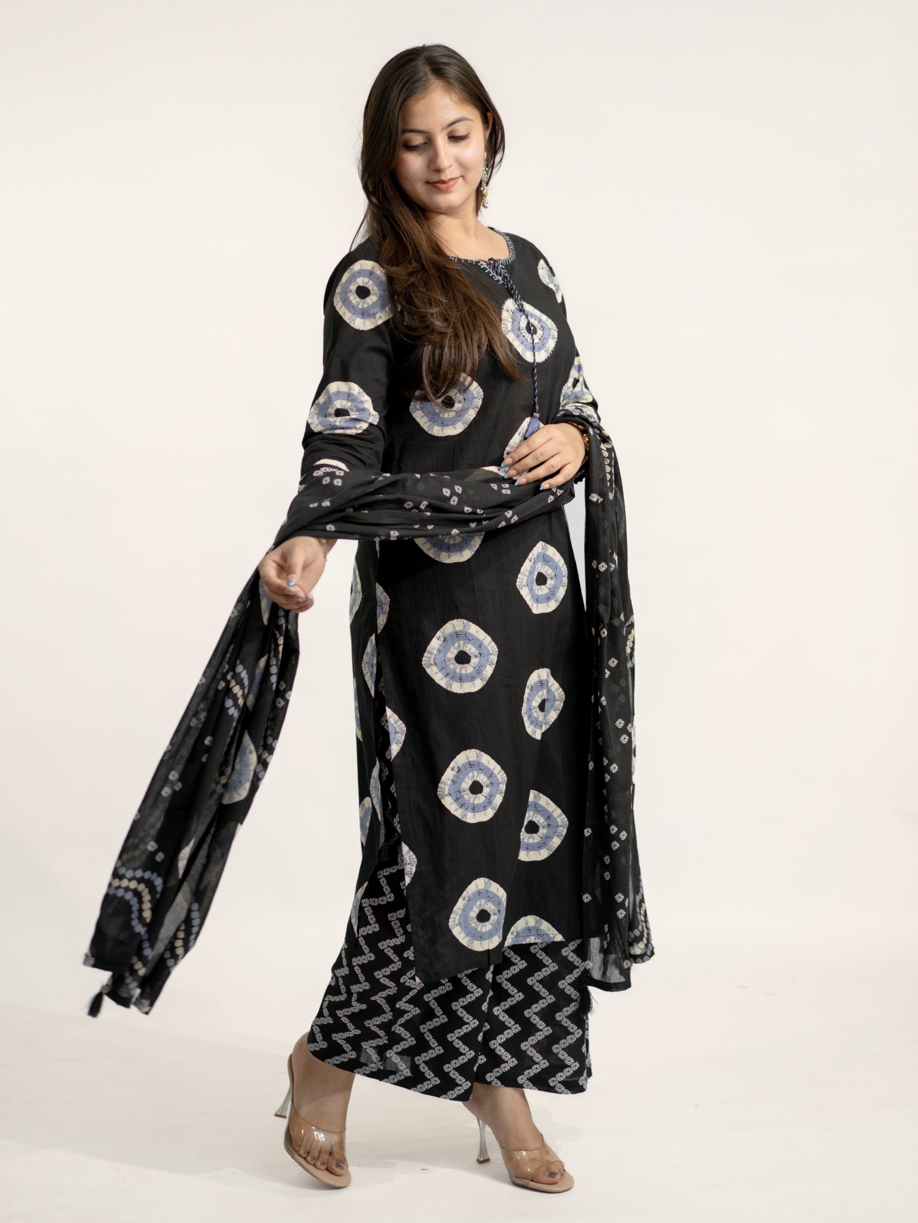 Amaya Black Cotton Bandhani Straight Katha Detailed Dupatta Set