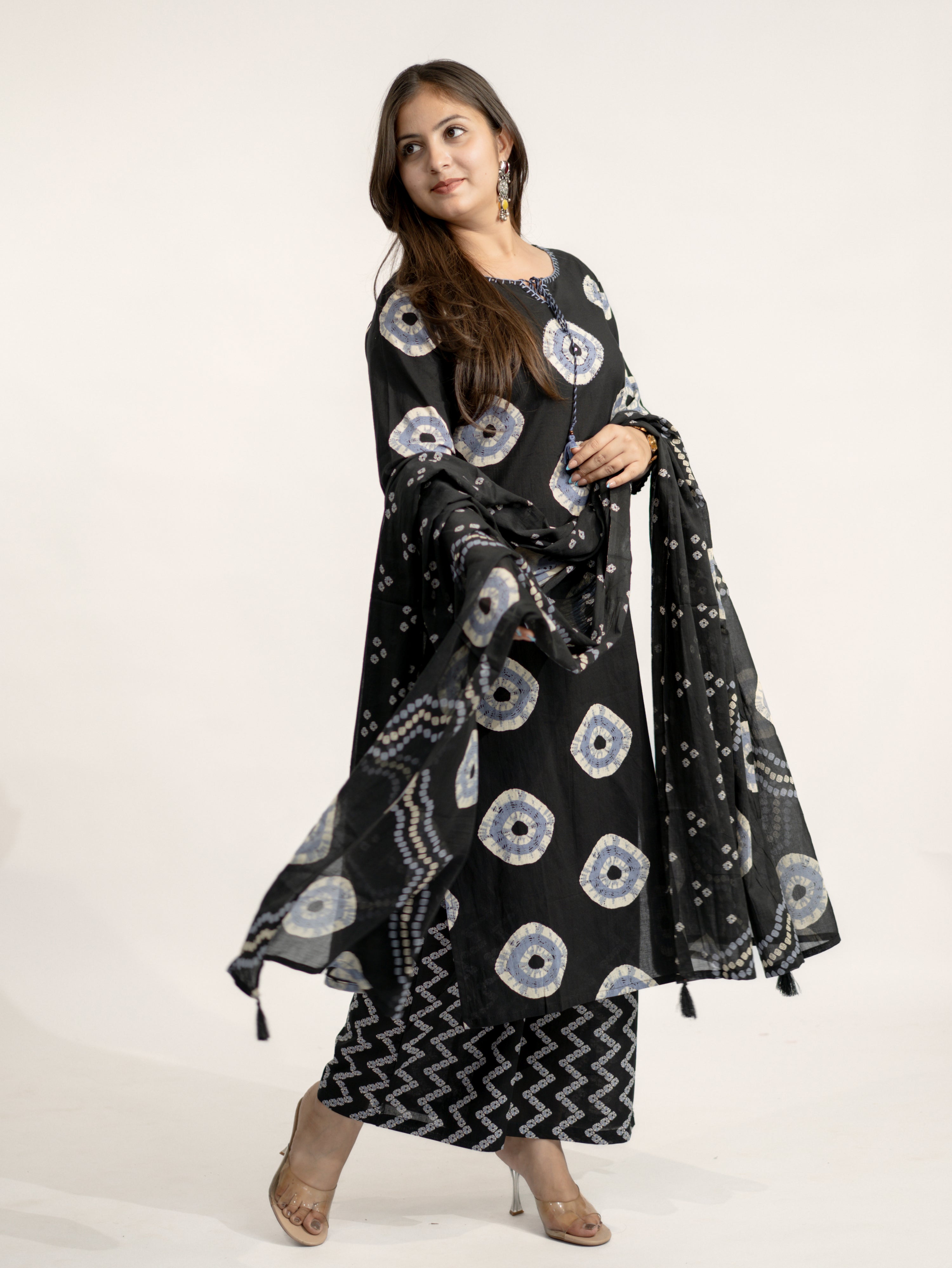 Amaya Black Cotton Bandhani Straight Katha Detailed Dupatta Set