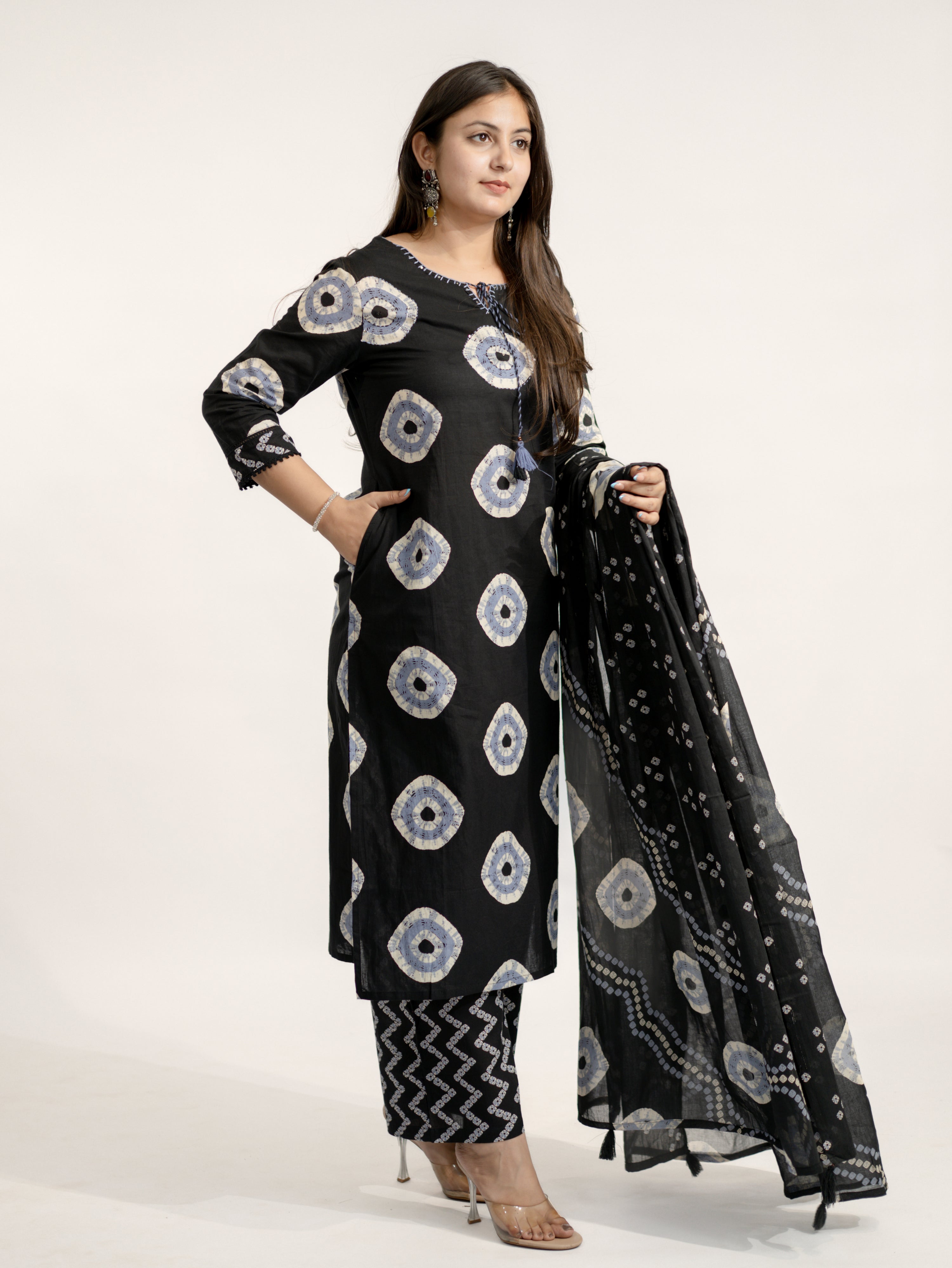Amaya Black Cotton Bandhani Straight Katha Detailed Dupatta Set