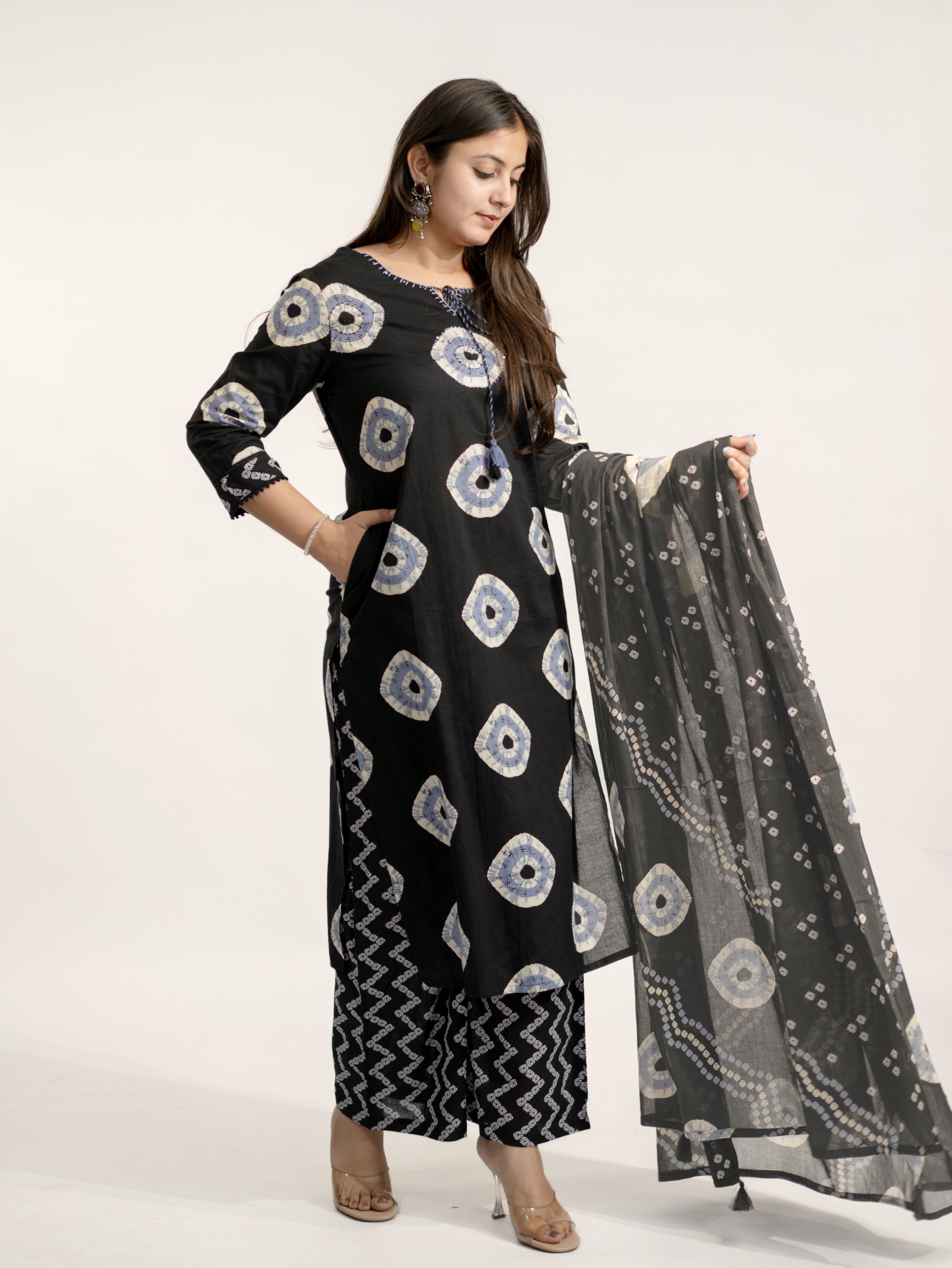 Amaya Black Cotton Bandhani Straight Katha Detailed Dupatta Set