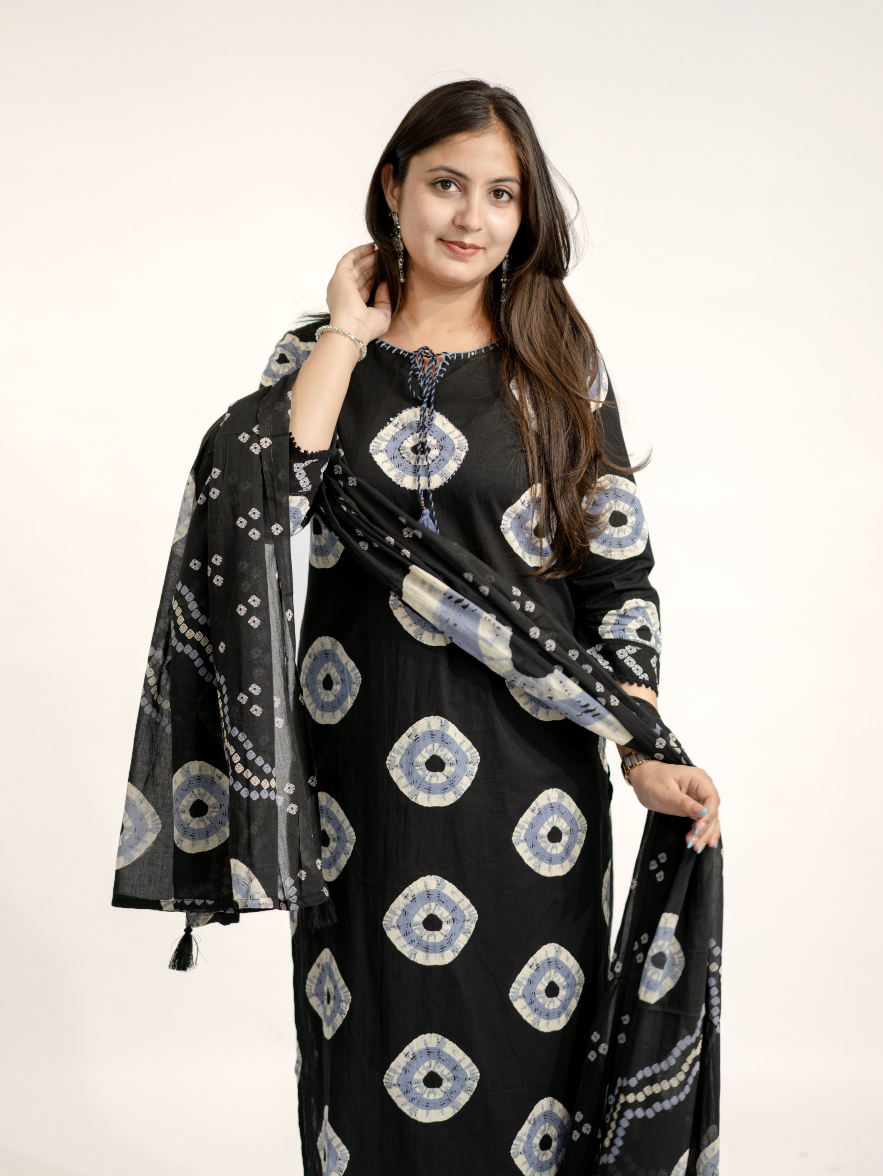 Amaya Black Cotton Bandhani Straight Katha Detailed Dupatta Set