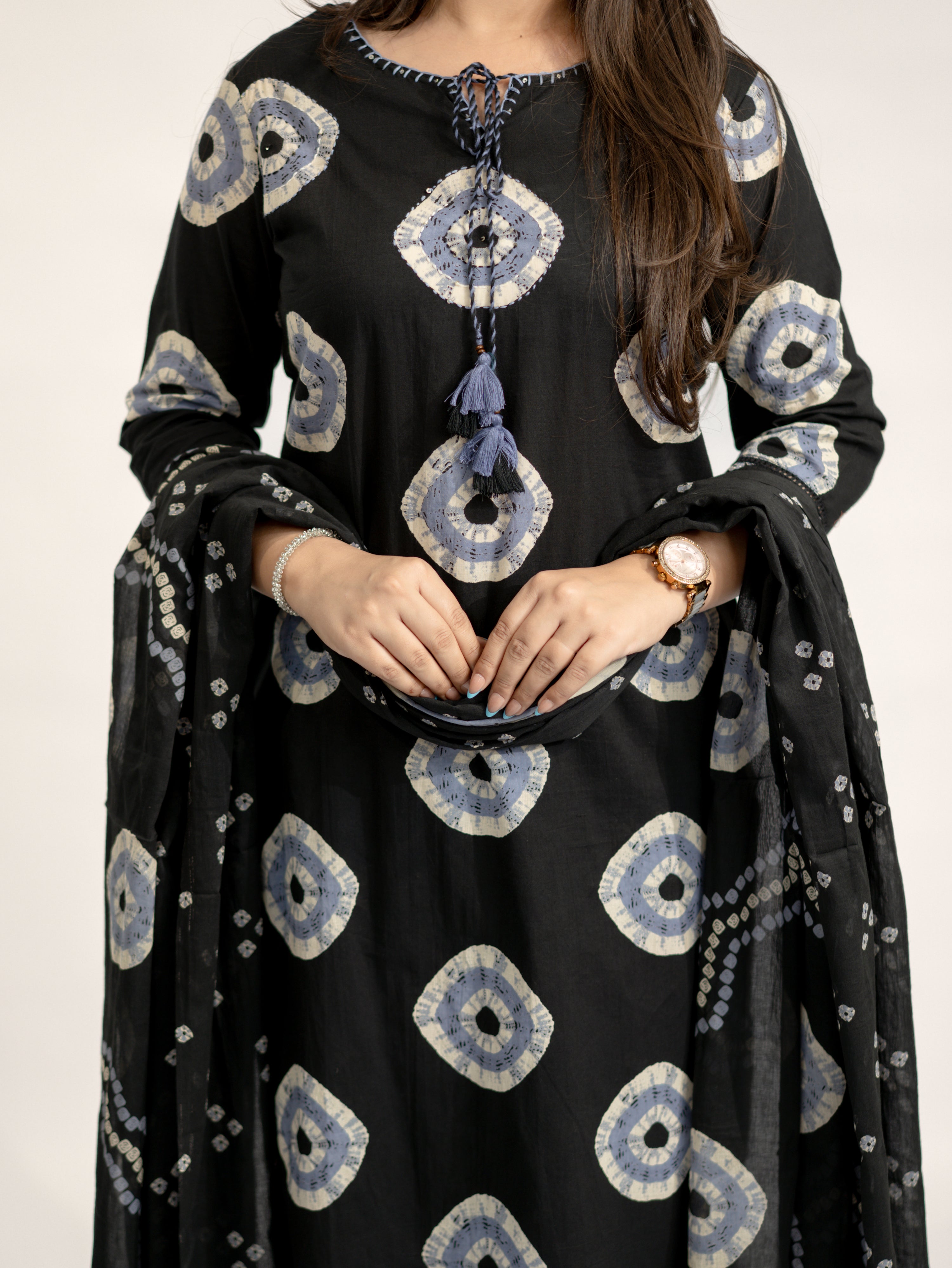 Amaya Black Cotton Bandhani Straight Katha Detailed Dupatta Set