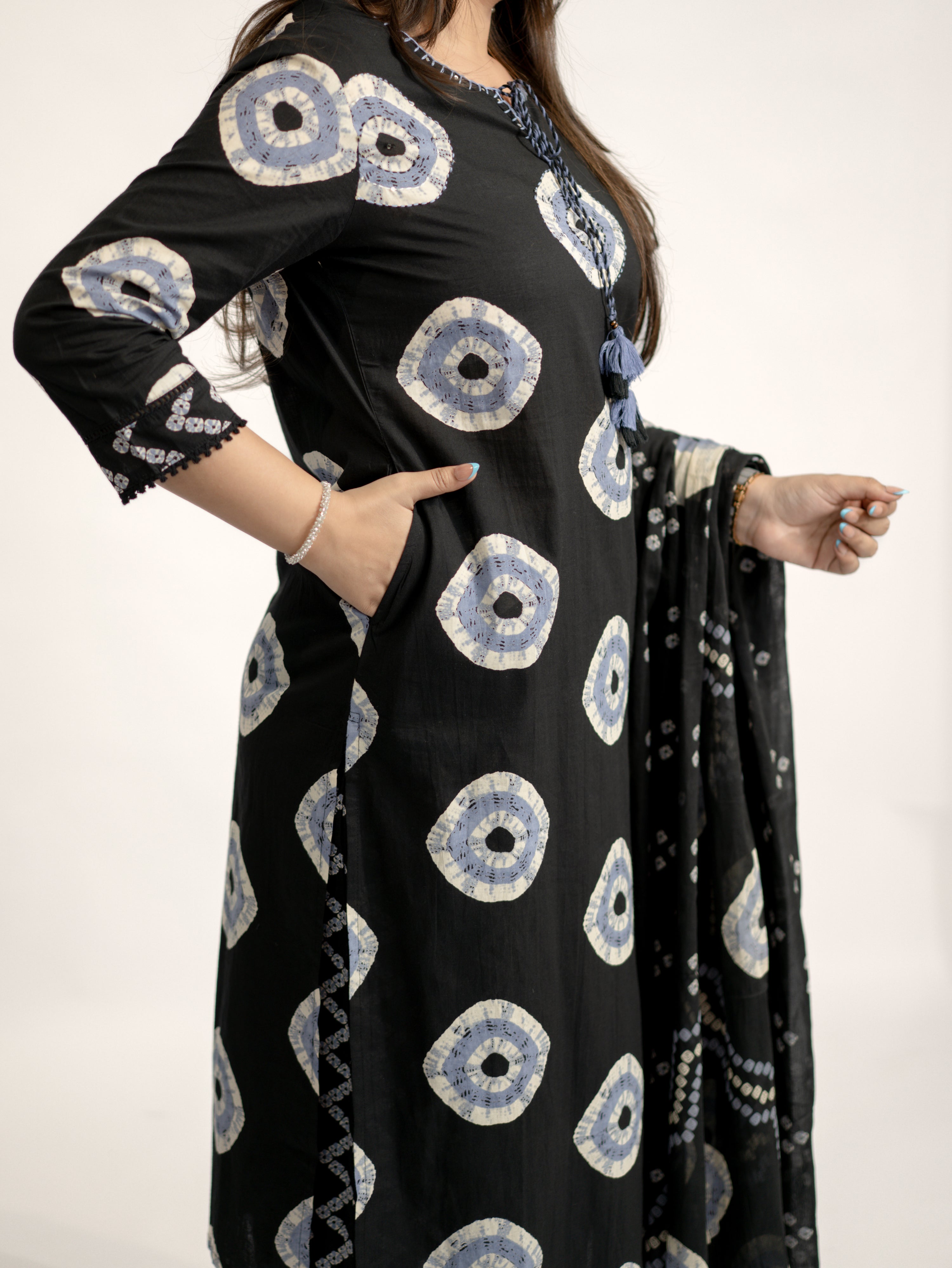 Amaya Black Cotton Bandhani Straight Katha Detailed Dupatta Set