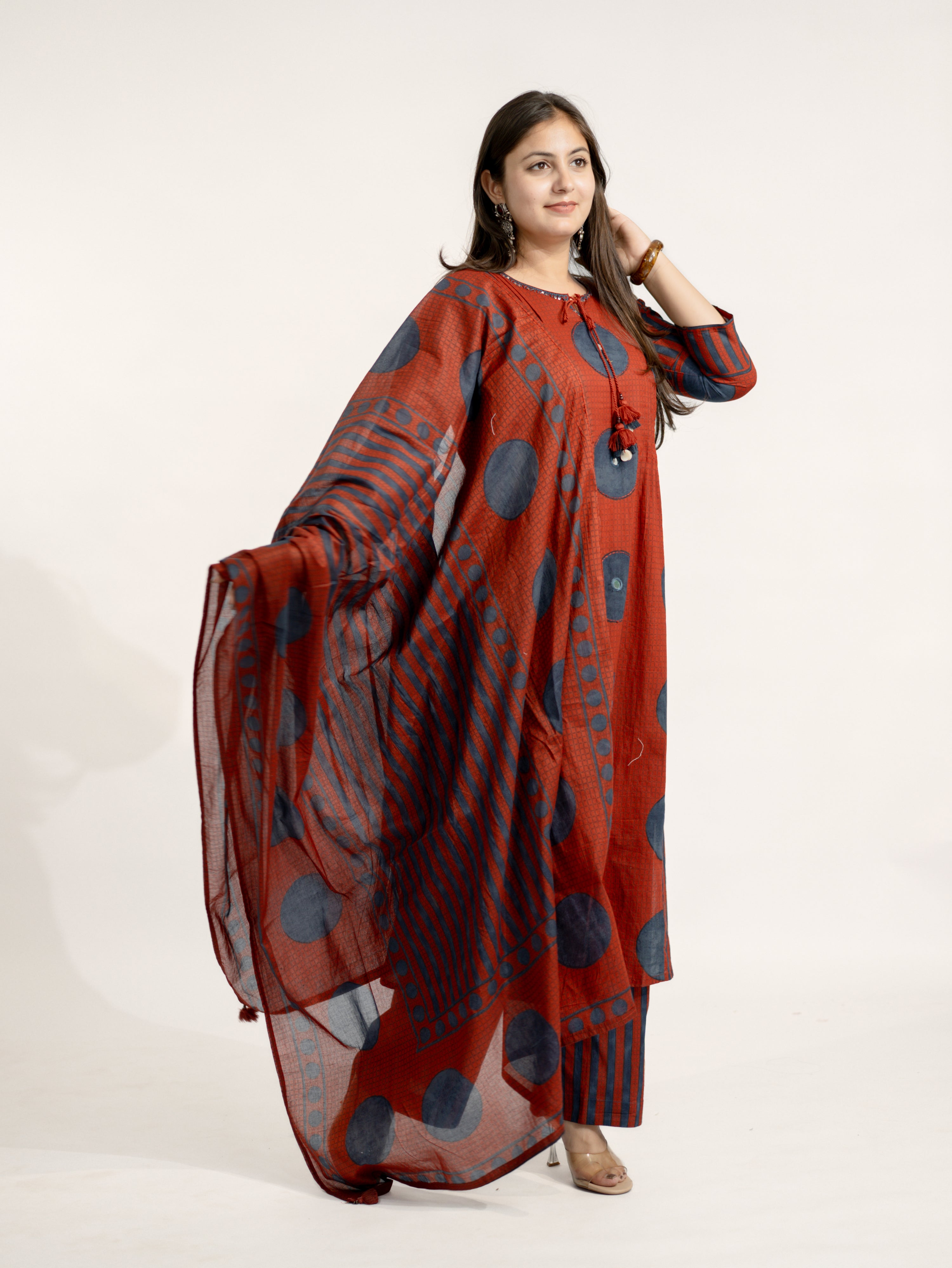 Jiya Red Cotton Ajrakh Straight Embroidered Dupatta Set