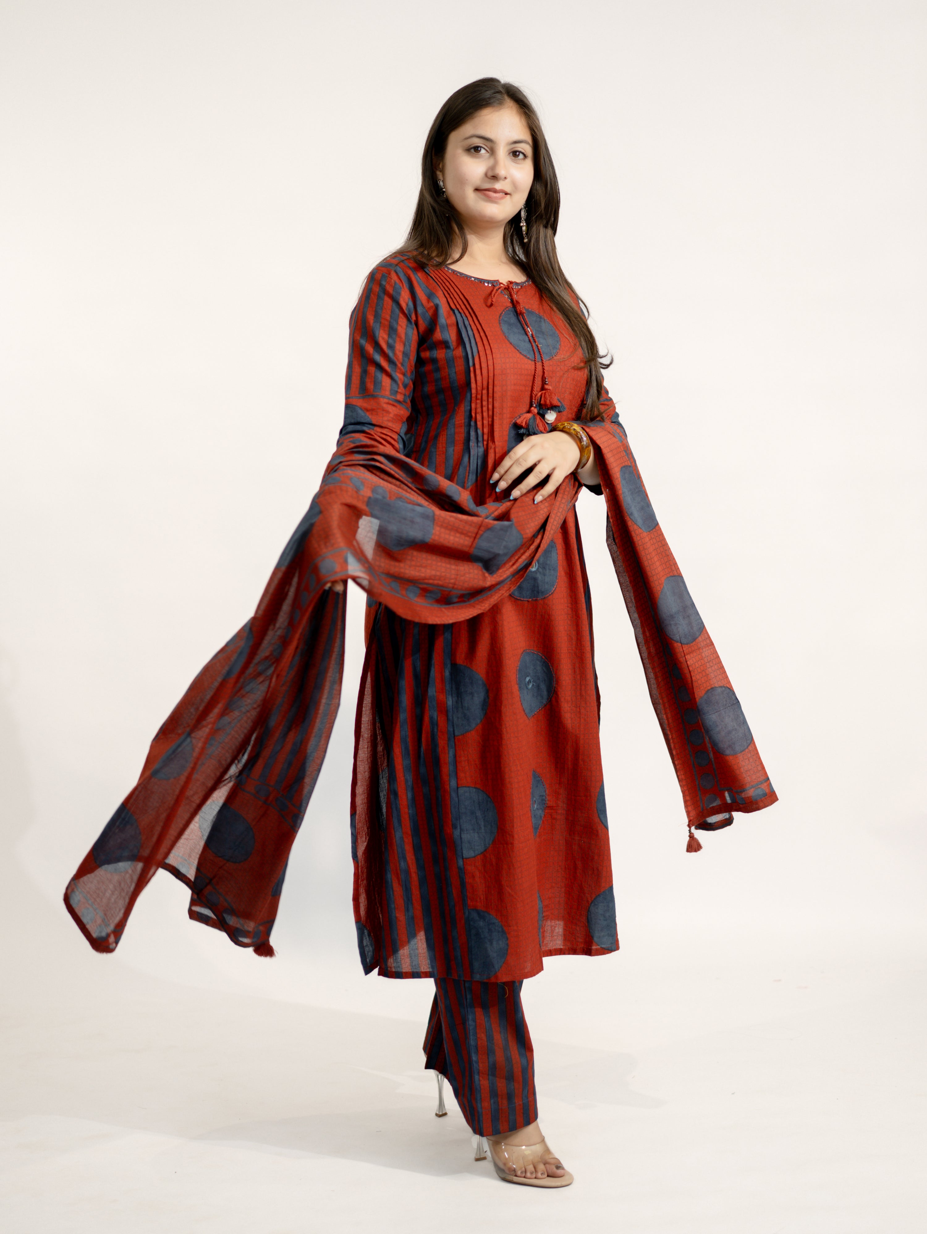 Jiya Red Cotton Ajrakh Straight Embroidered Dupatta Set