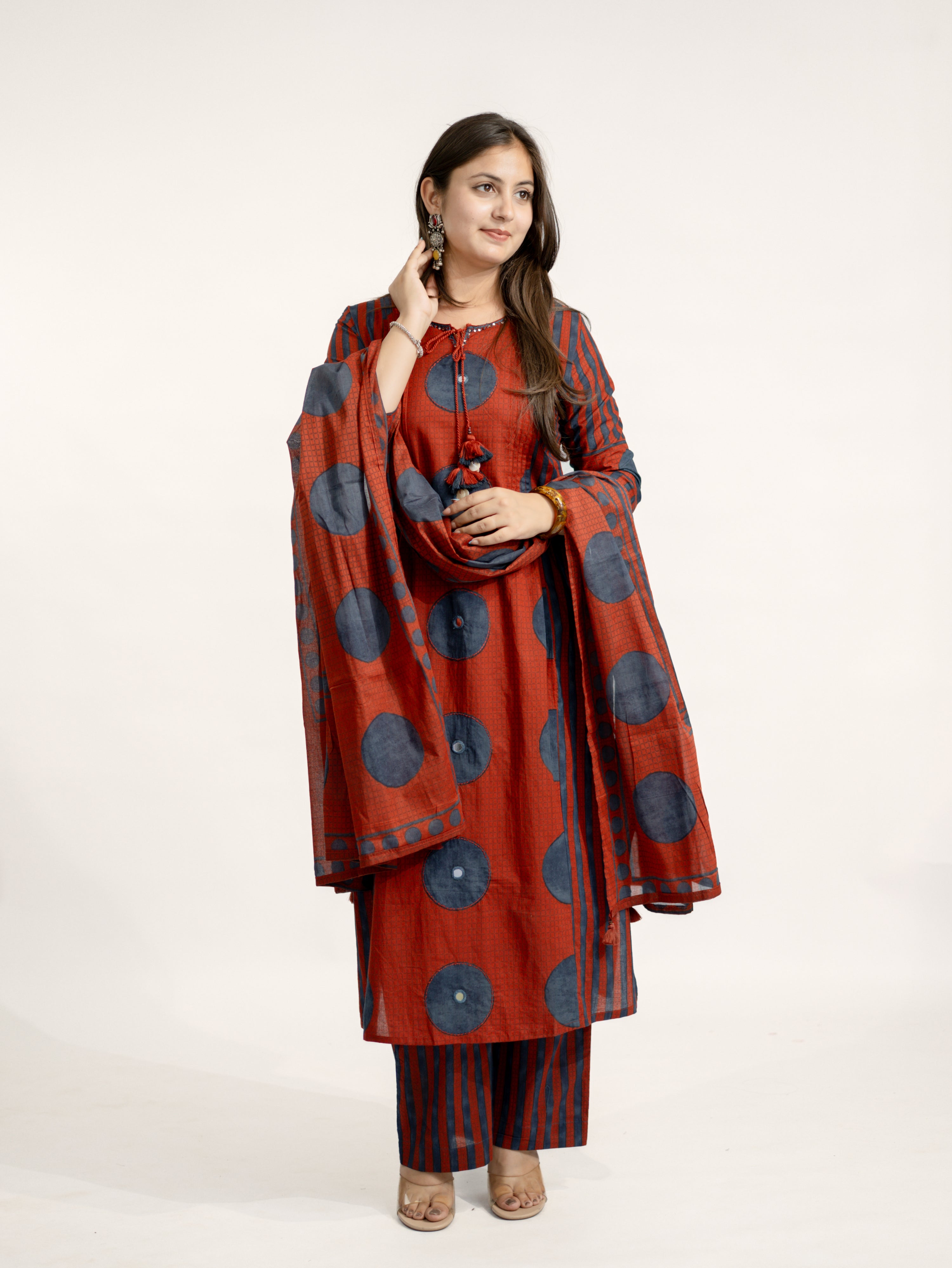 Jiya Red Cotton Ajrakh Straight Embroidered Dupatta Set
