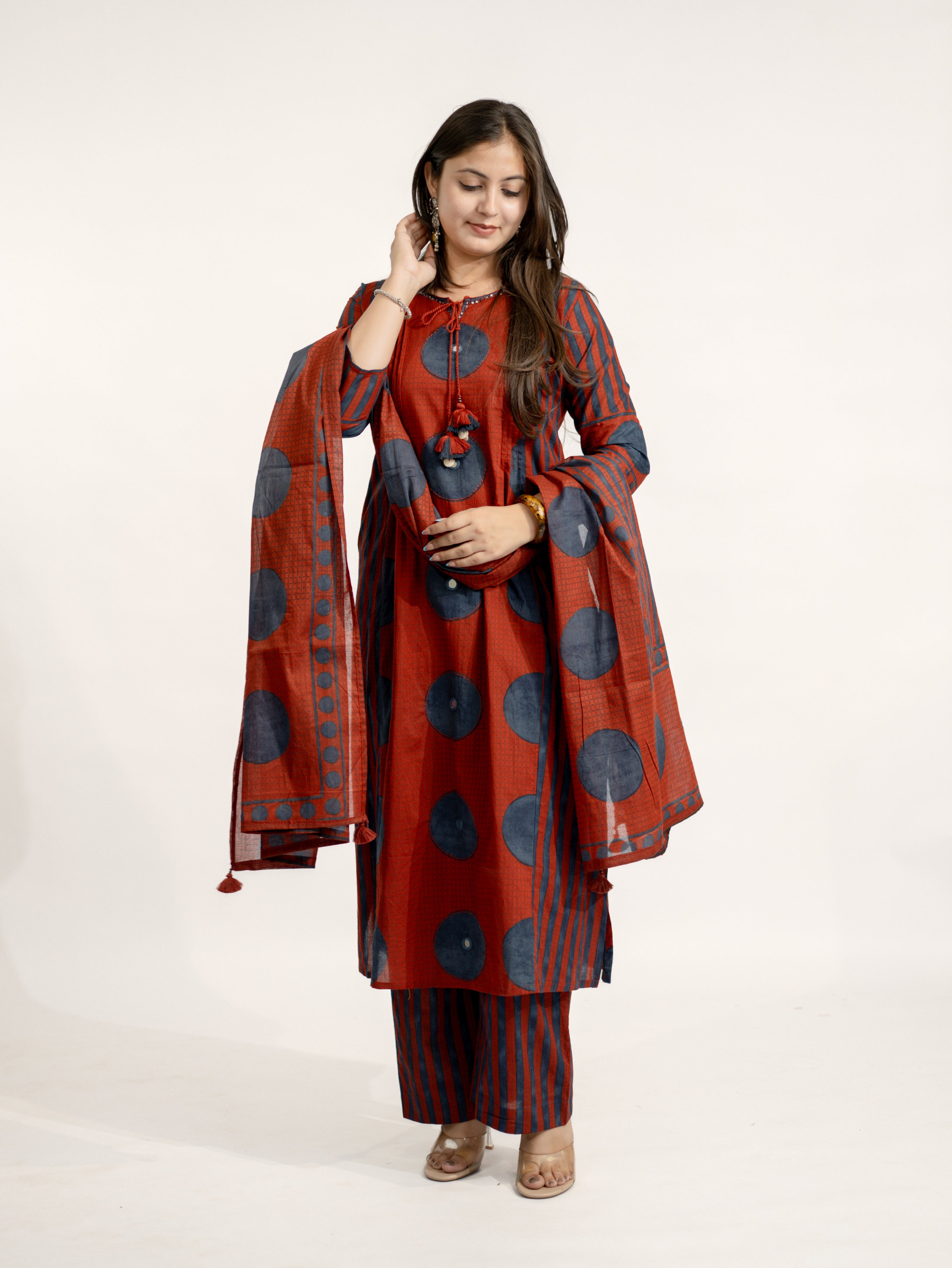 Jiya Red Cotton Ajrakh Straight Embroidered Dupatta Set