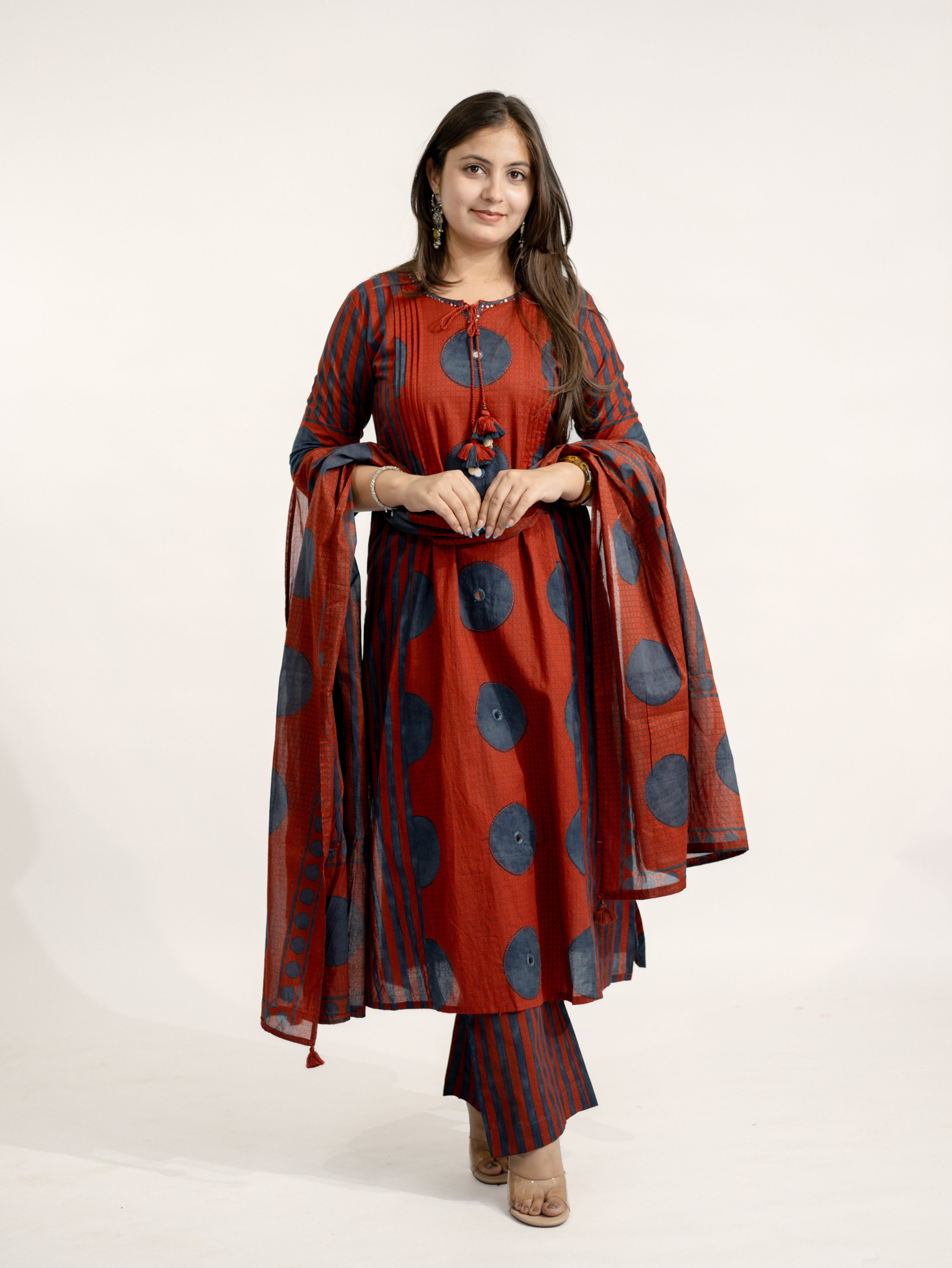 Jiya Red Cotton Ajrakh Straight Embroidered Dupatta Set