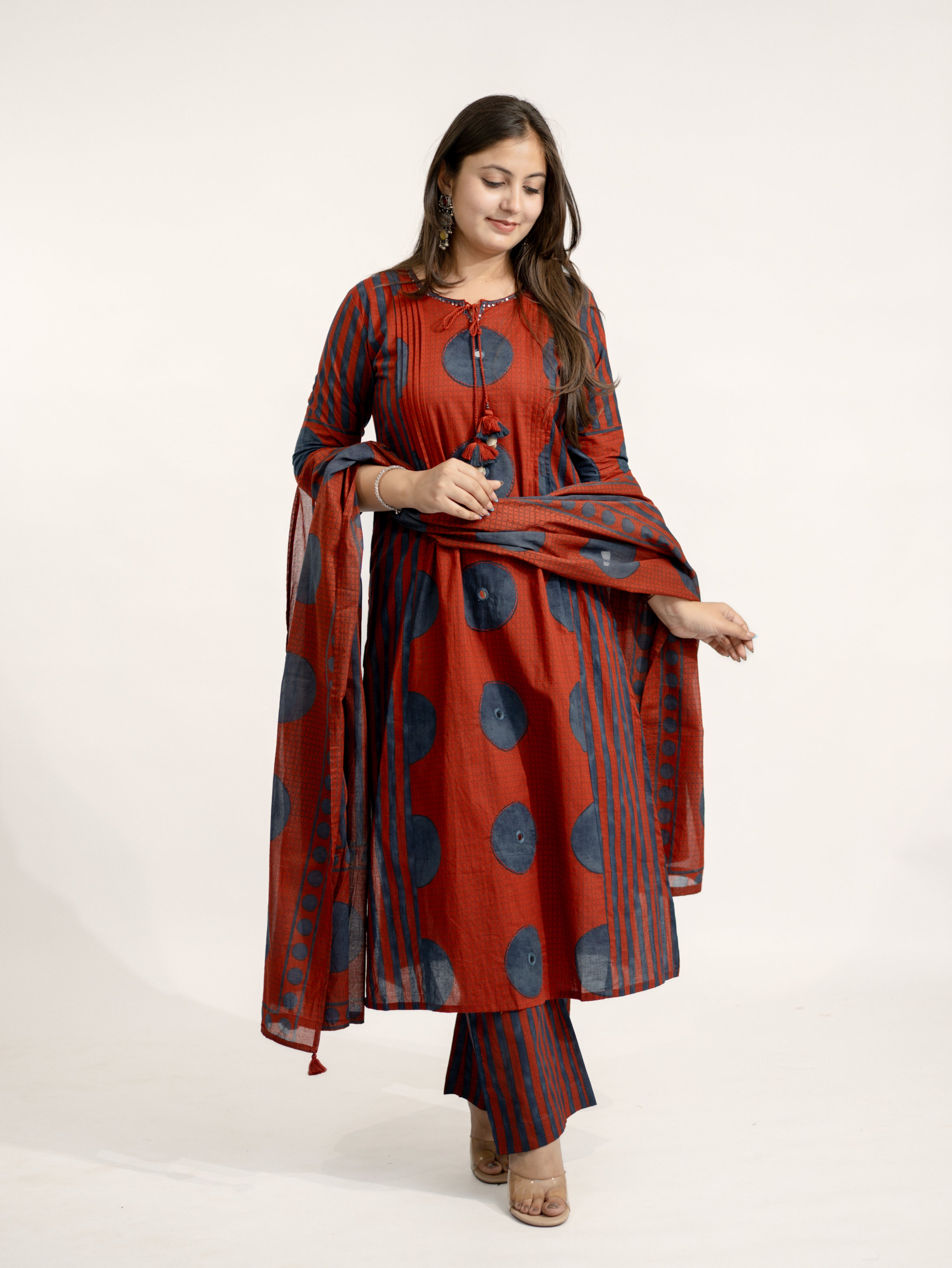 Jiya Red Cotton Ajrakh Straight Embroidered Dupatta Set
