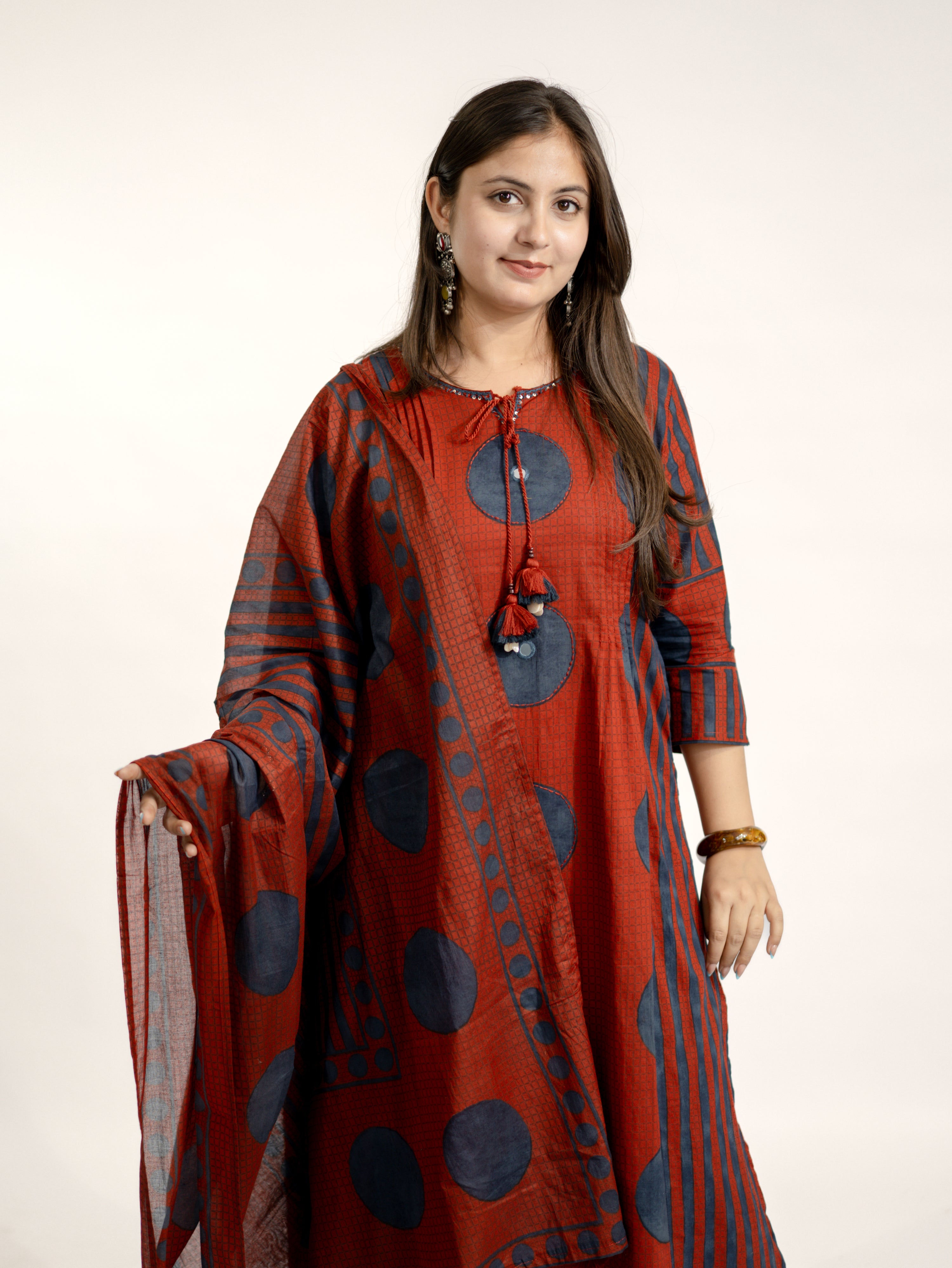 Jiya Red Cotton Ajrakh Straight Embroidered Dupatta Set