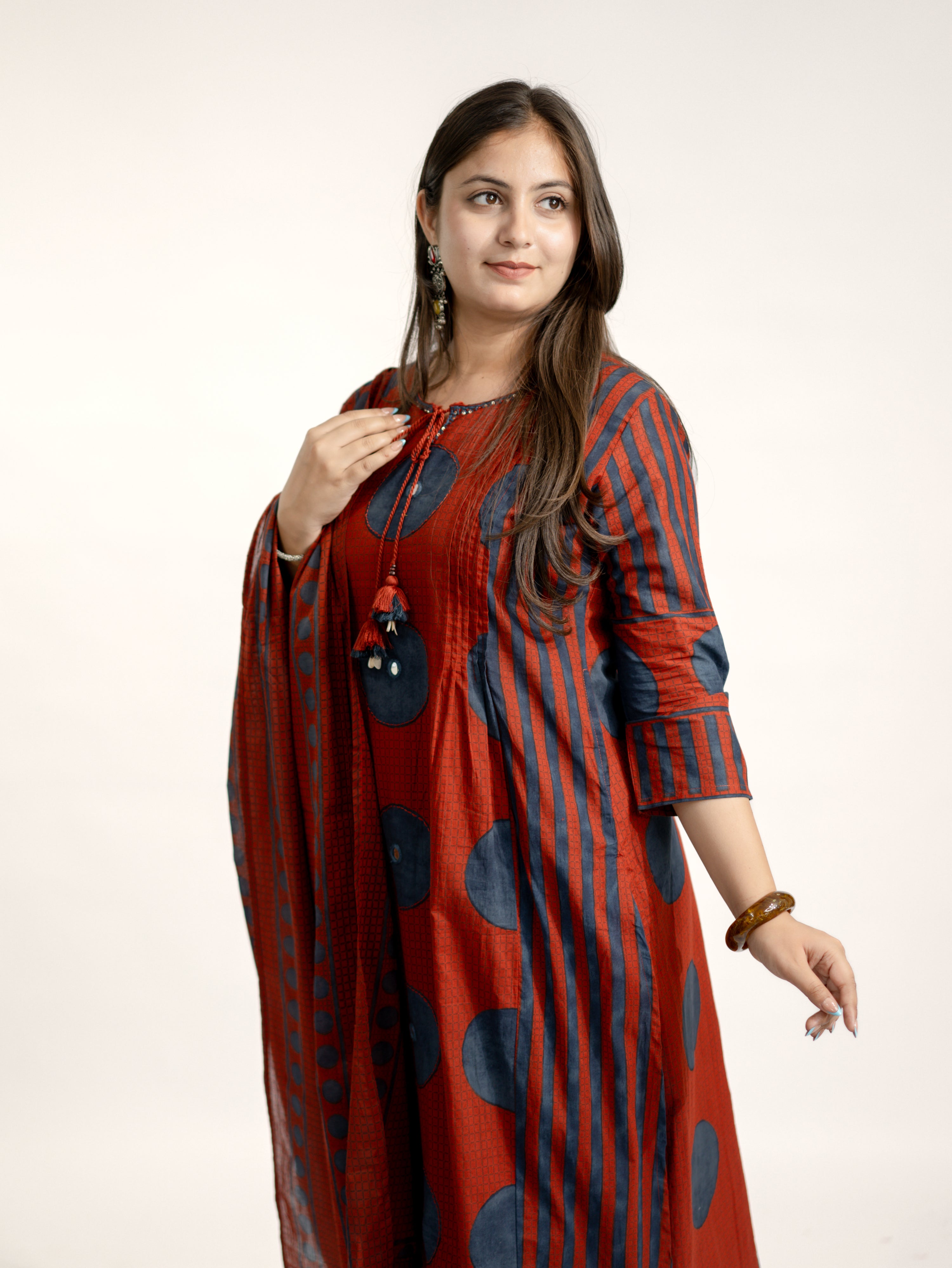 Jiya Red Cotton Ajrakh Straight Embroidered Dupatta Set