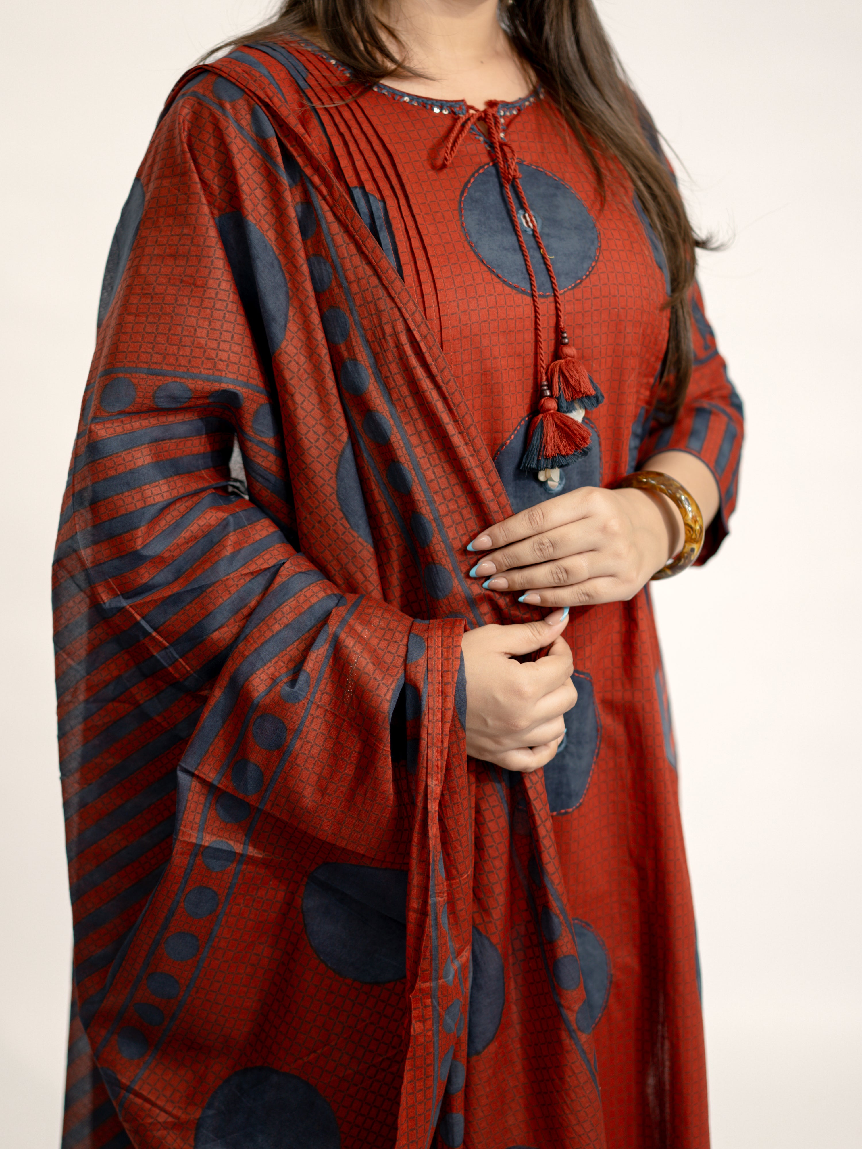 Jiya Red Cotton Ajrakh Straight Embroidered Dupatta Set