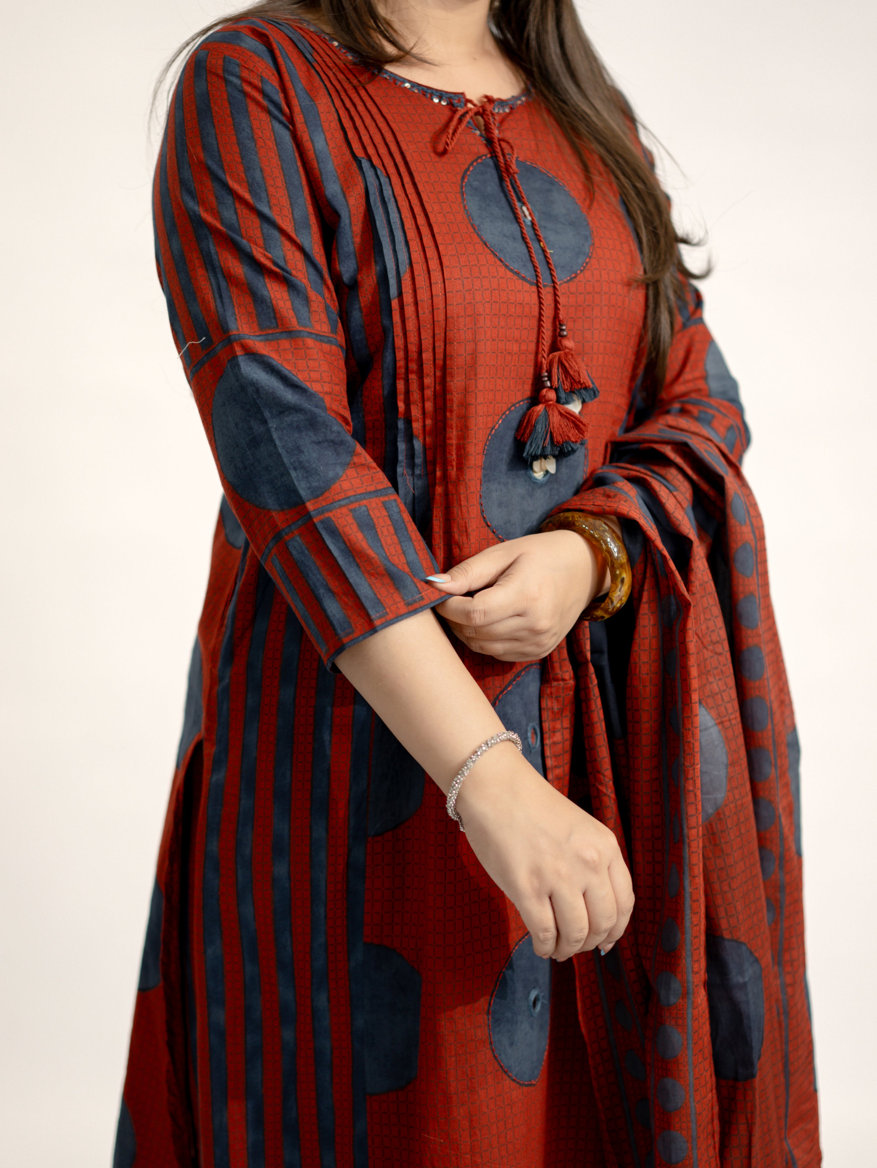 Jiya Red Cotton Ajrakh Straight Embroidered Dupatta Set