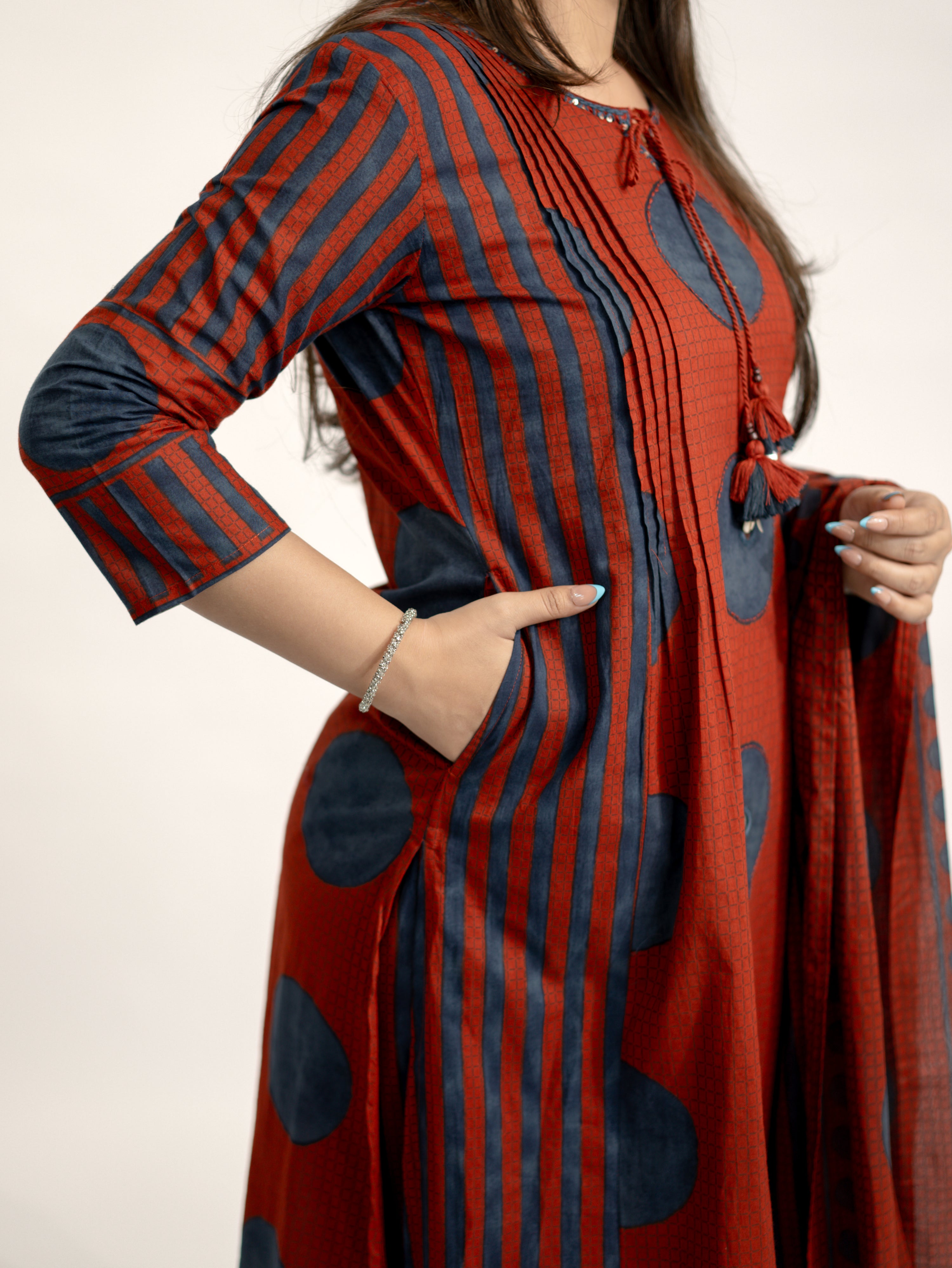 Jiya Red Cotton Ajrakh Straight Embroidered Dupatta Set