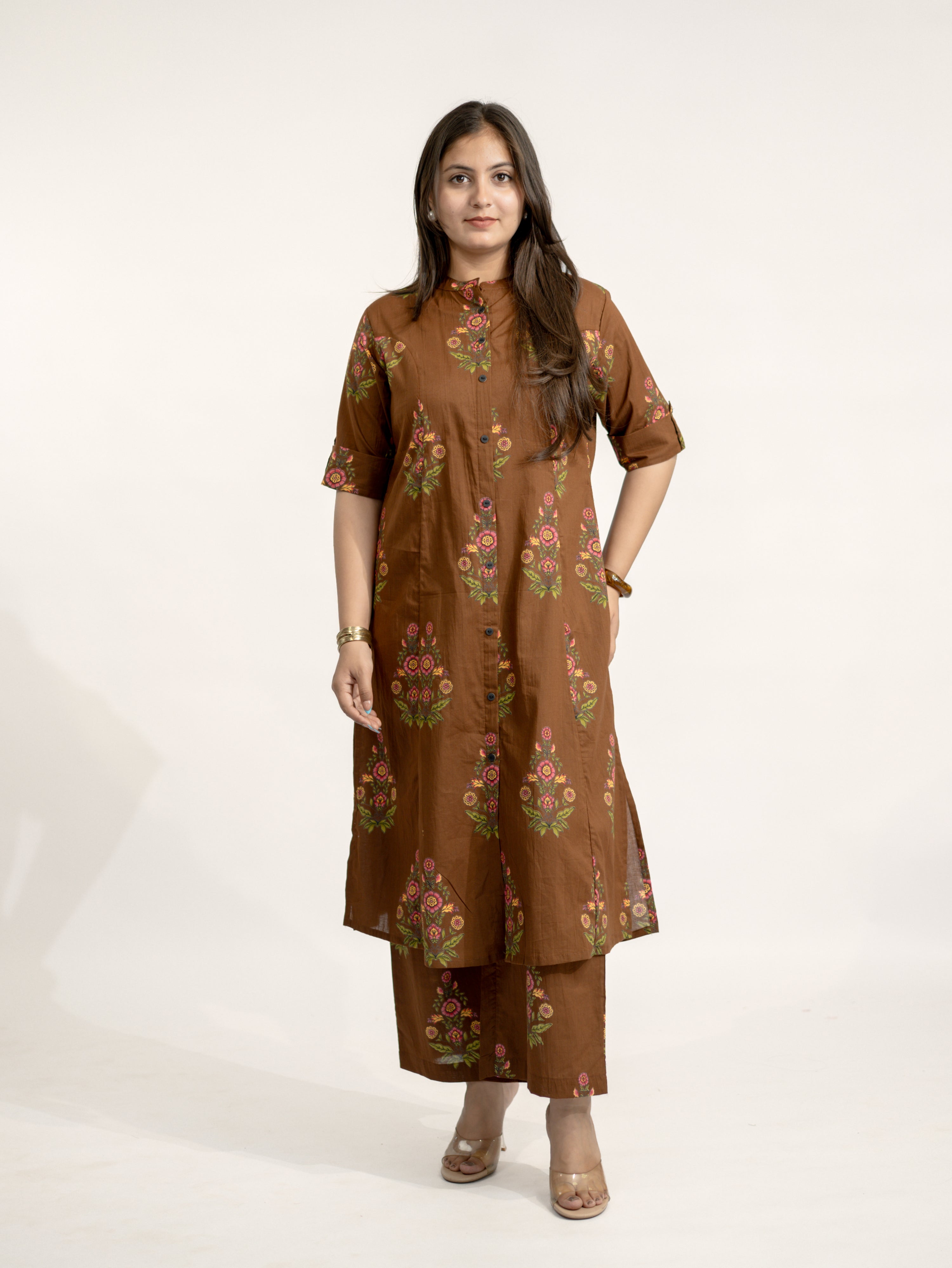 Liora Brown Floral A-line Cotton Kurta Set