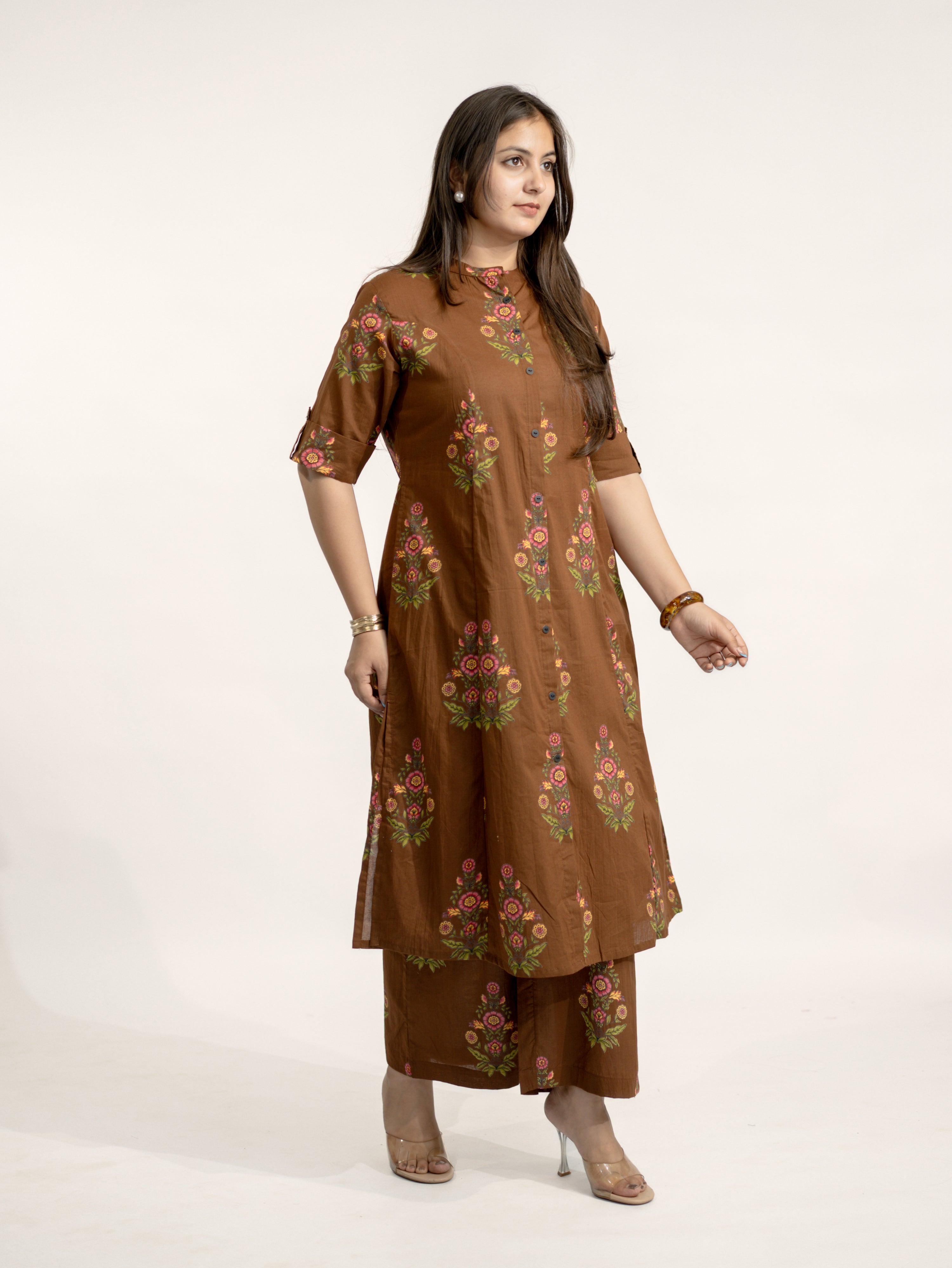 Liora Brown Floral A-line Cotton Kurta Set