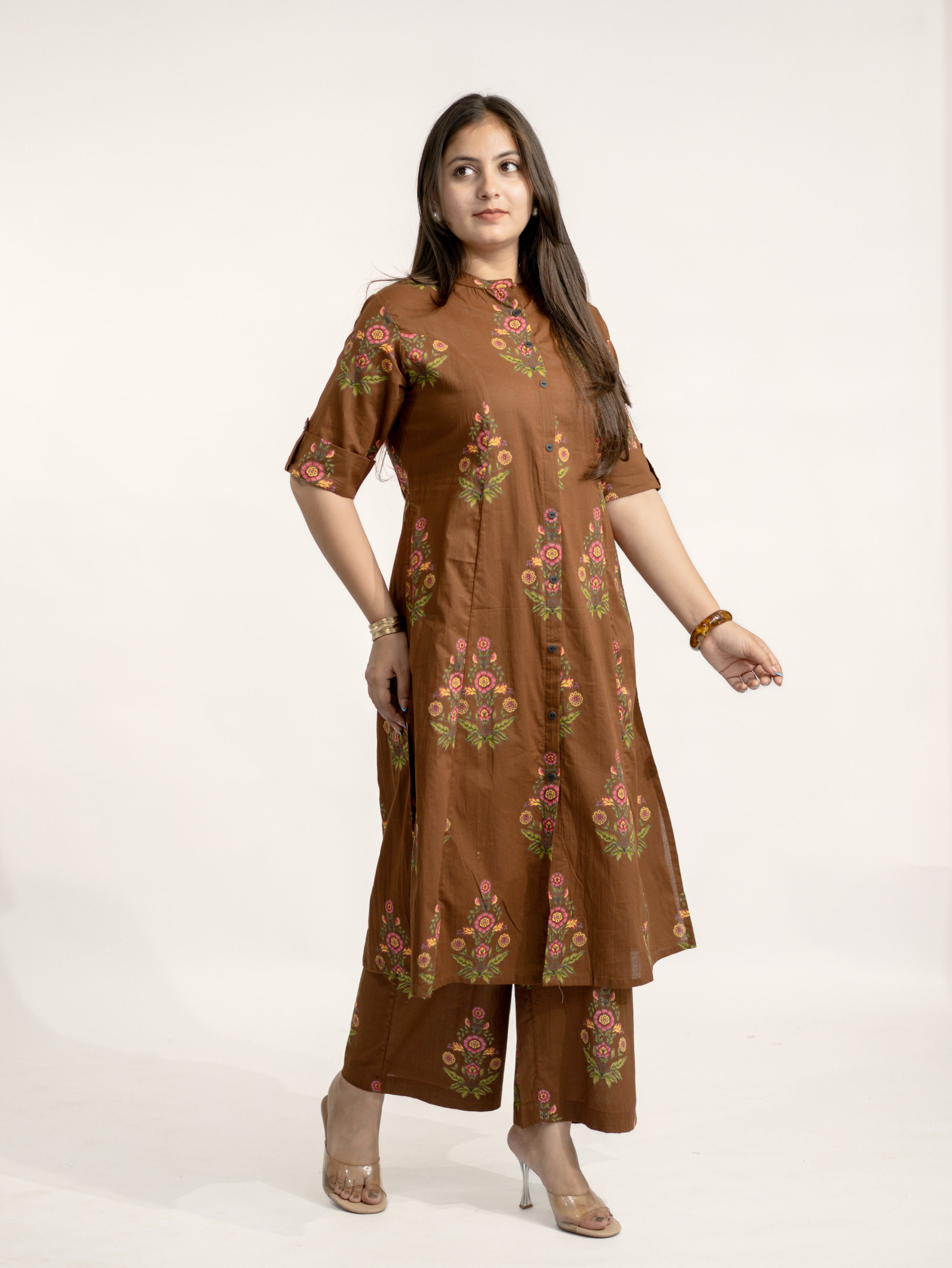 Liora Brown Floral A-line Cotton Kurta Set