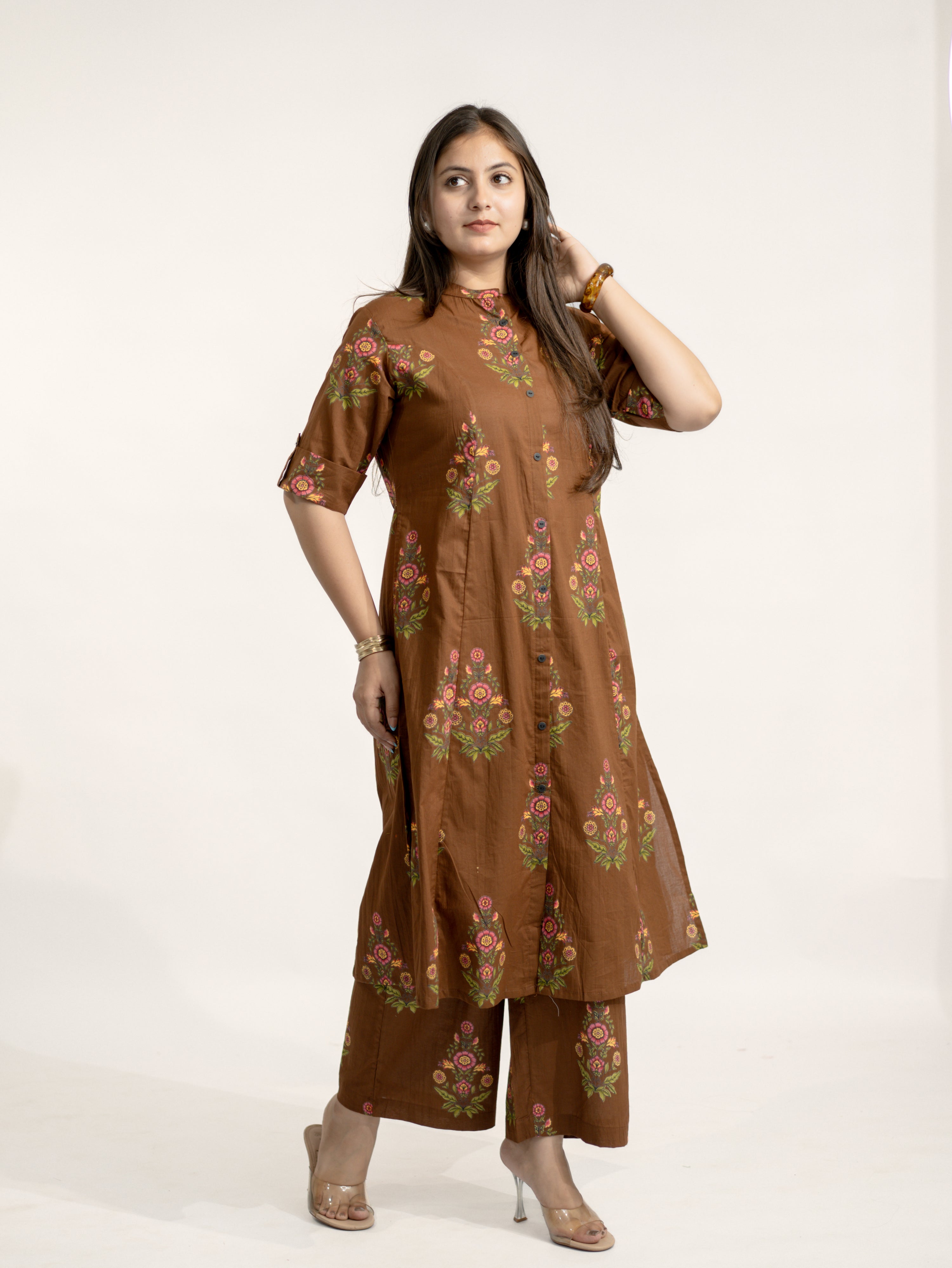 Liora Brown Floral A-line Cotton Kurta Set