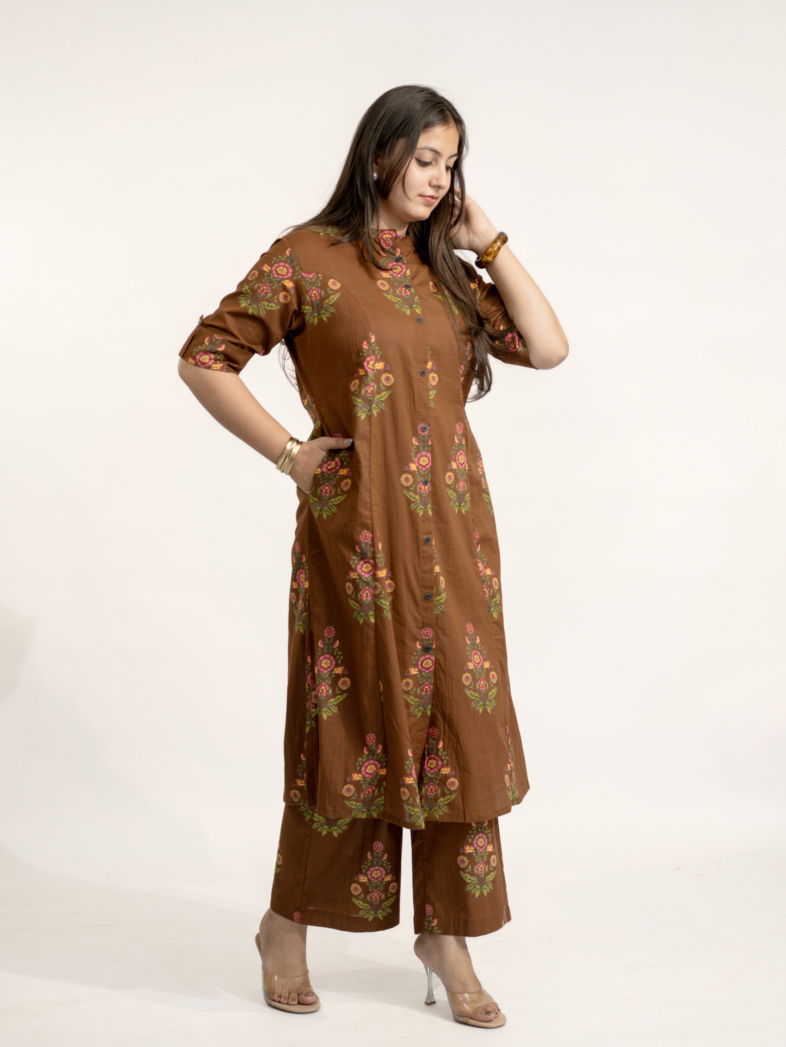 Liora Brown Floral A-line Cotton Kurta Set