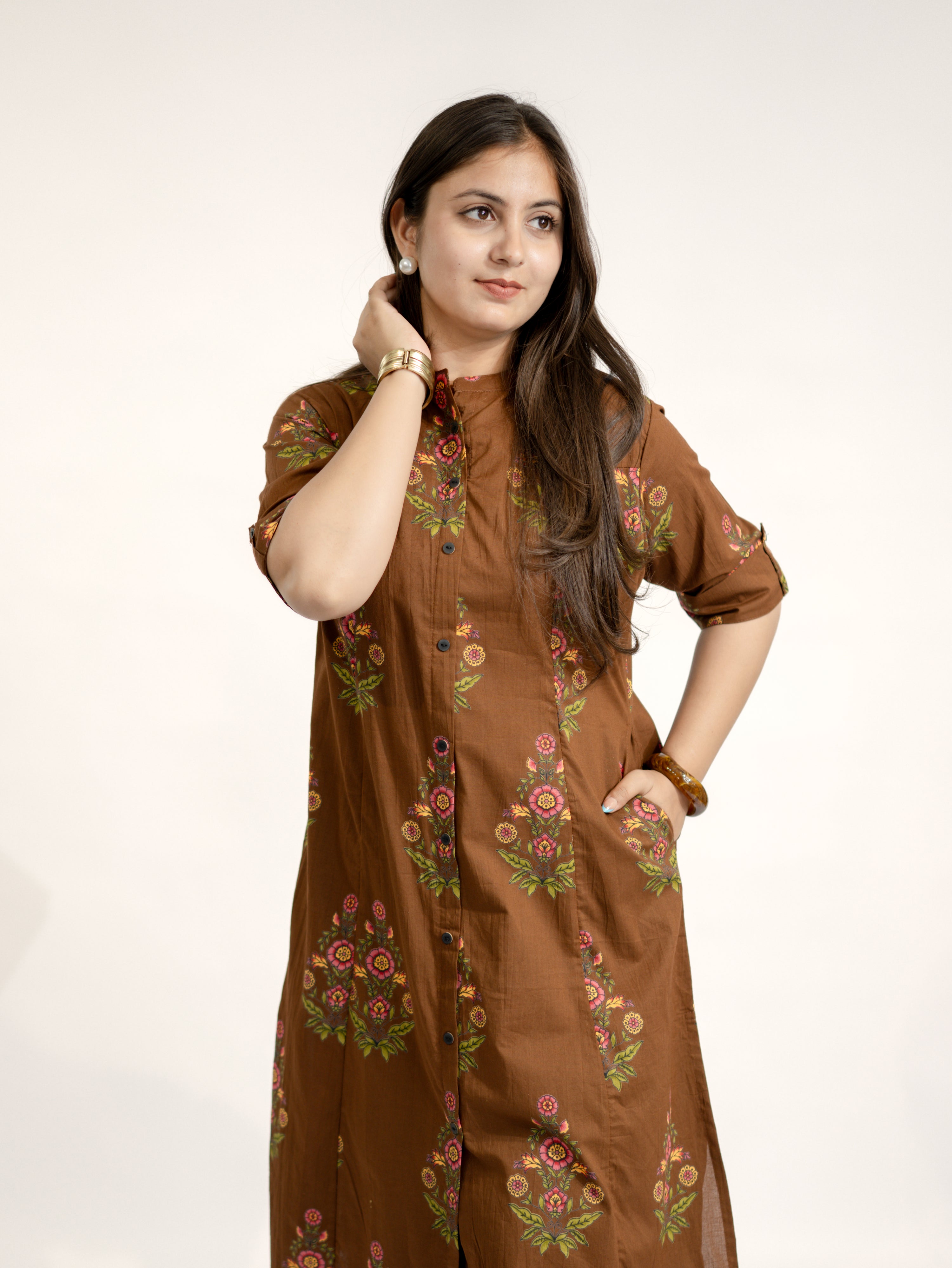 Liora Brown Floral A-line Cotton Kurta Set