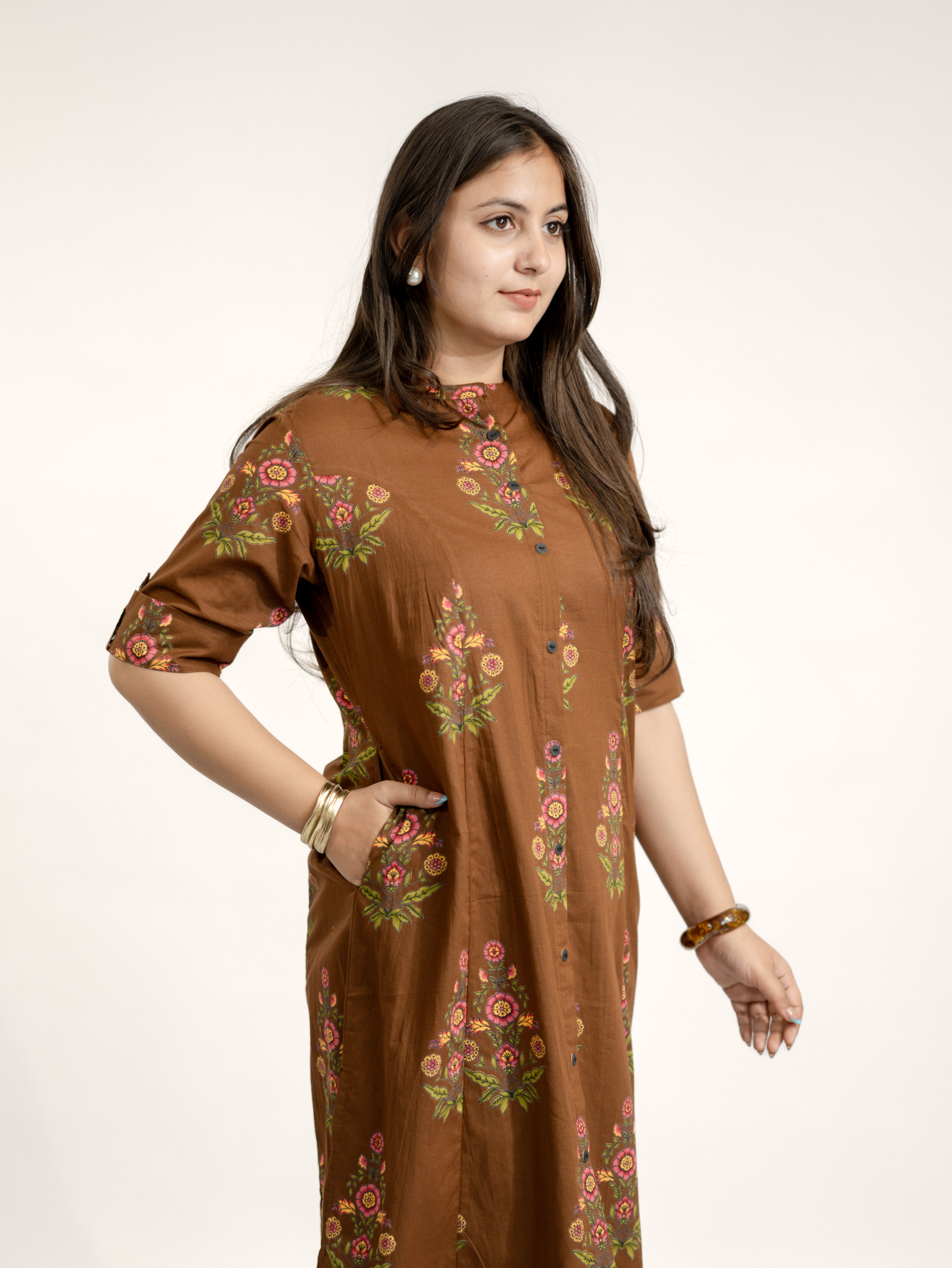 Liora Brown Floral A-line Cotton Kurta Set