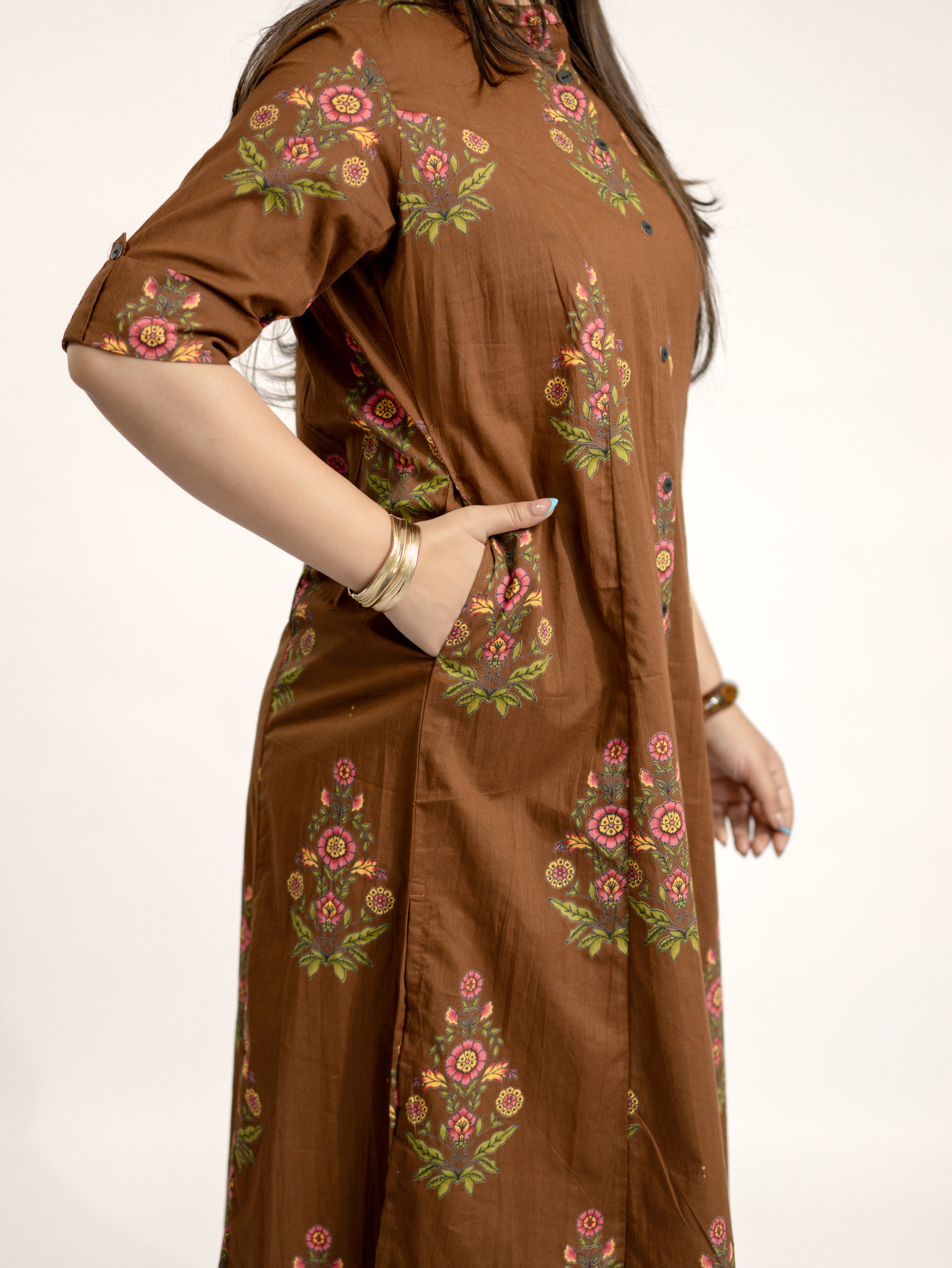 Liora Brown Floral A-line Cotton Kurta Set