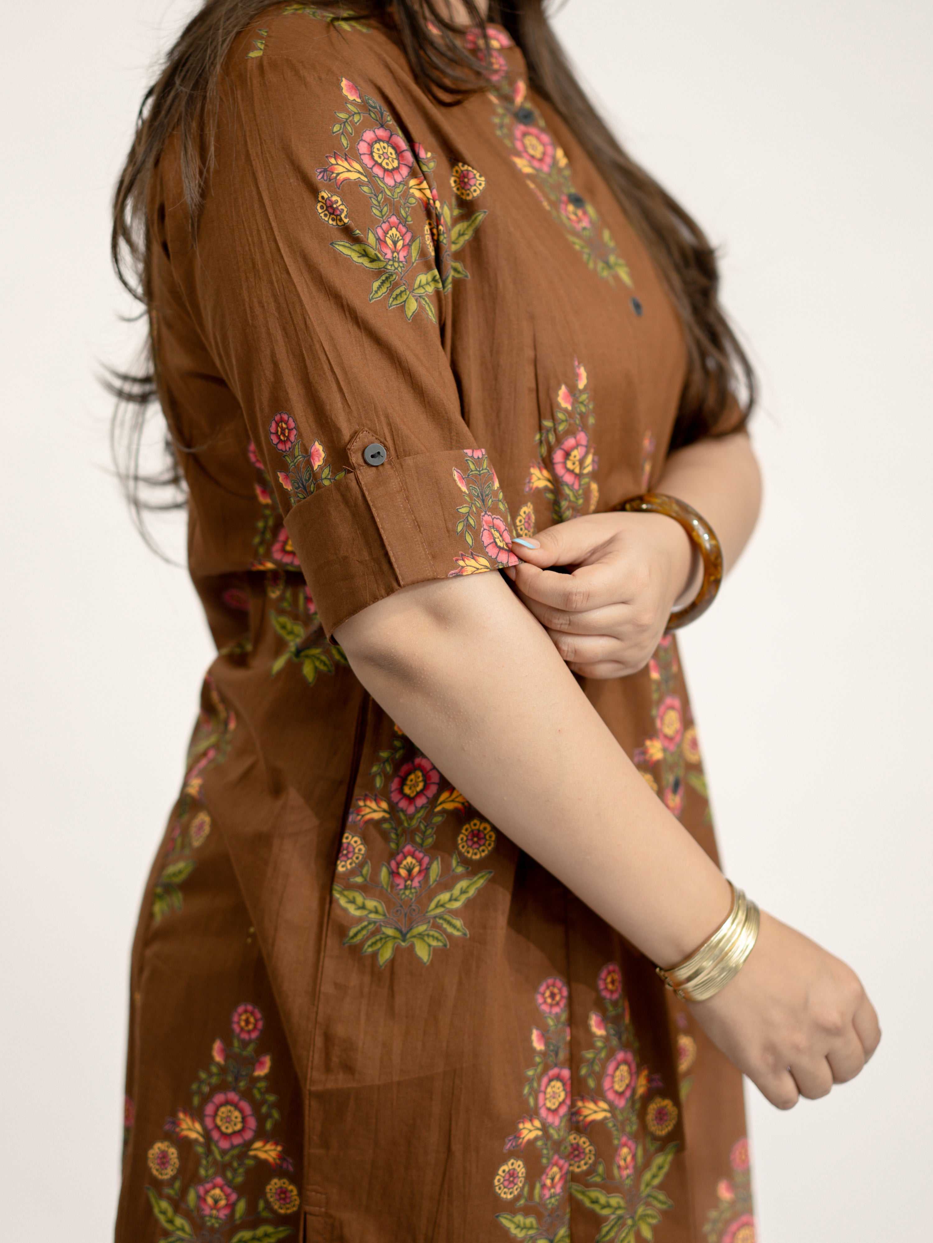 Liora Brown Floral A-line Cotton Kurta Set