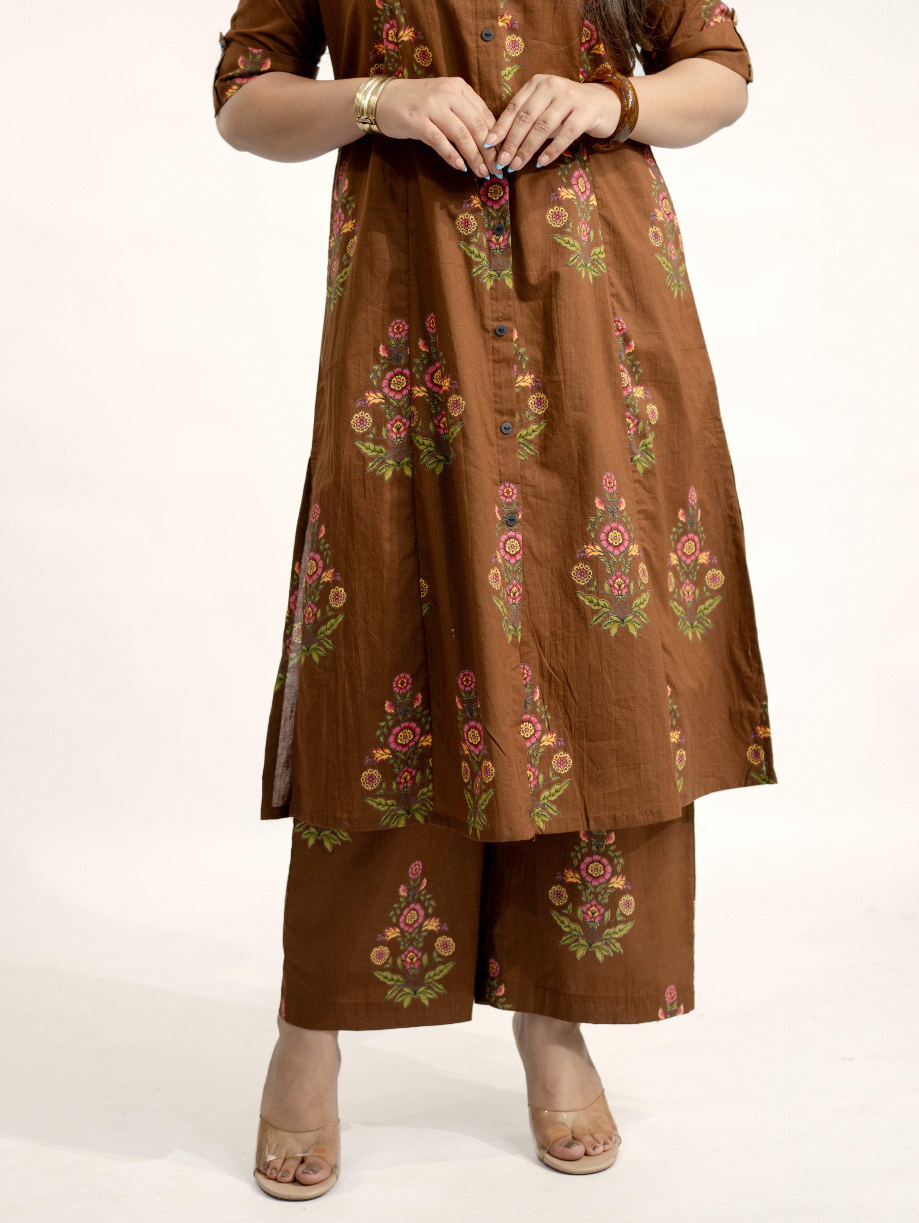 Liora Brown Floral A-line Cotton Kurta Set