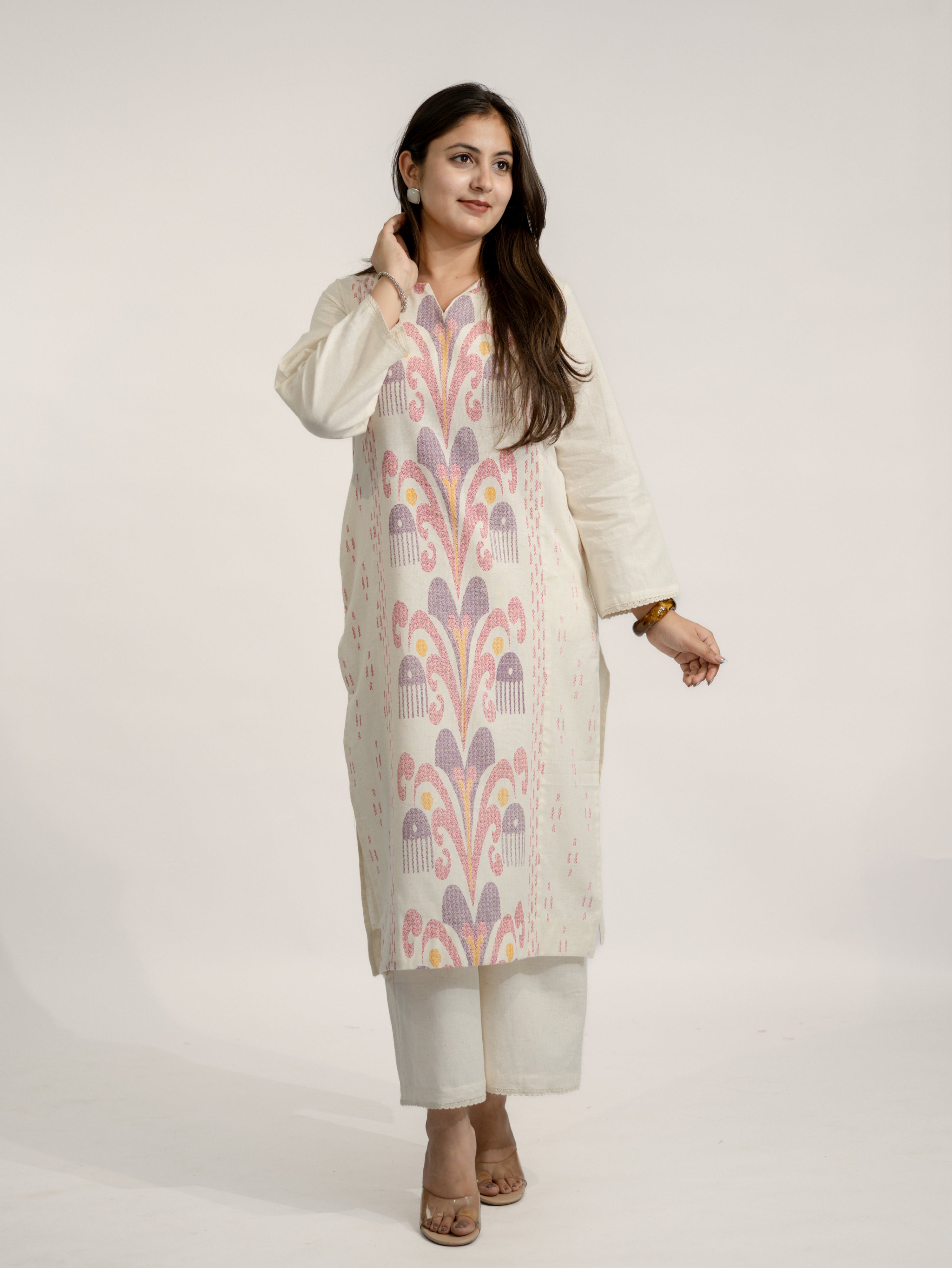 Nancy Offwhite-Pink A-line Cotton Kurta Set