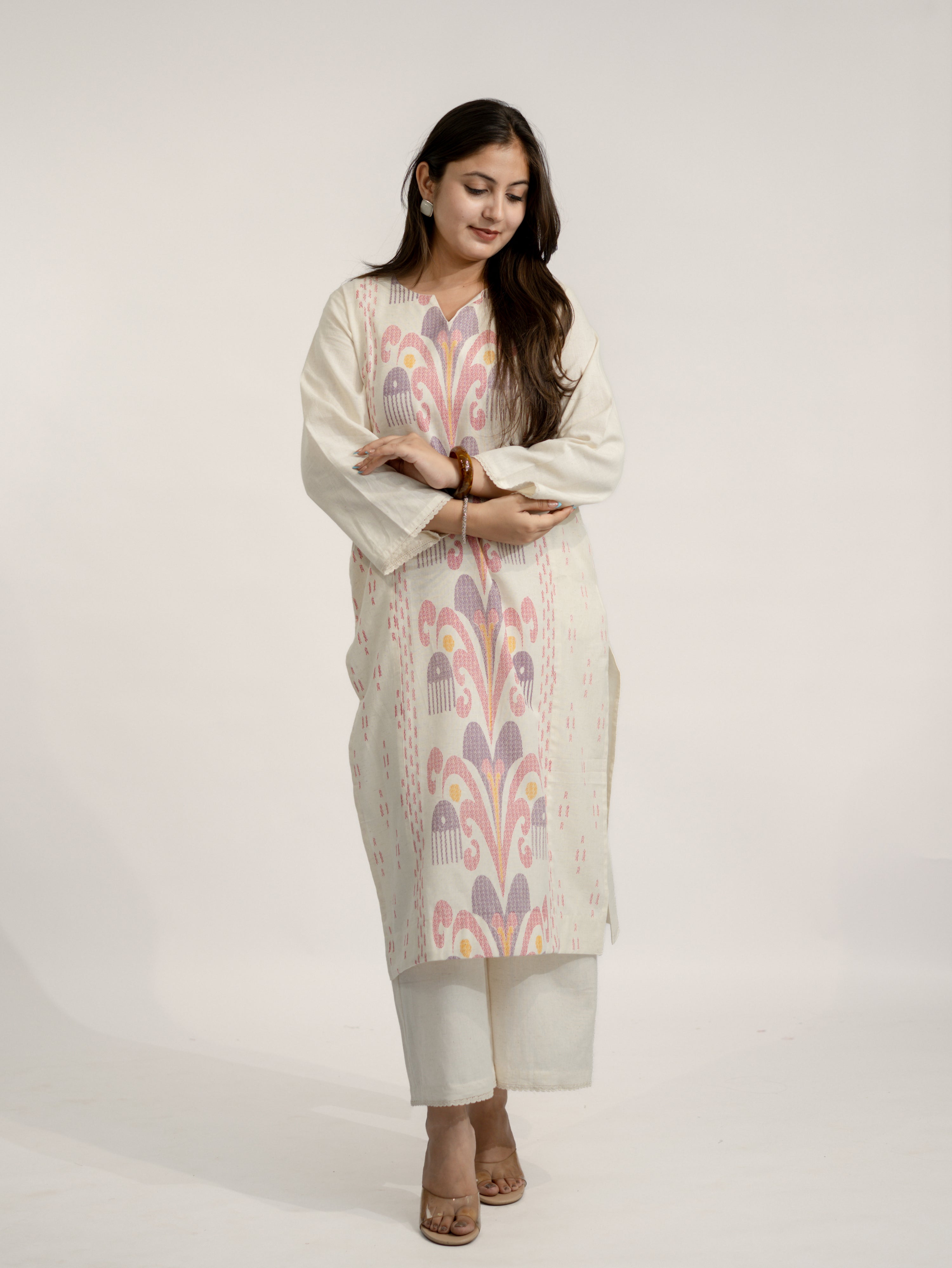 Nancy Offwhite-Pink A-line Cotton Kurta Set
