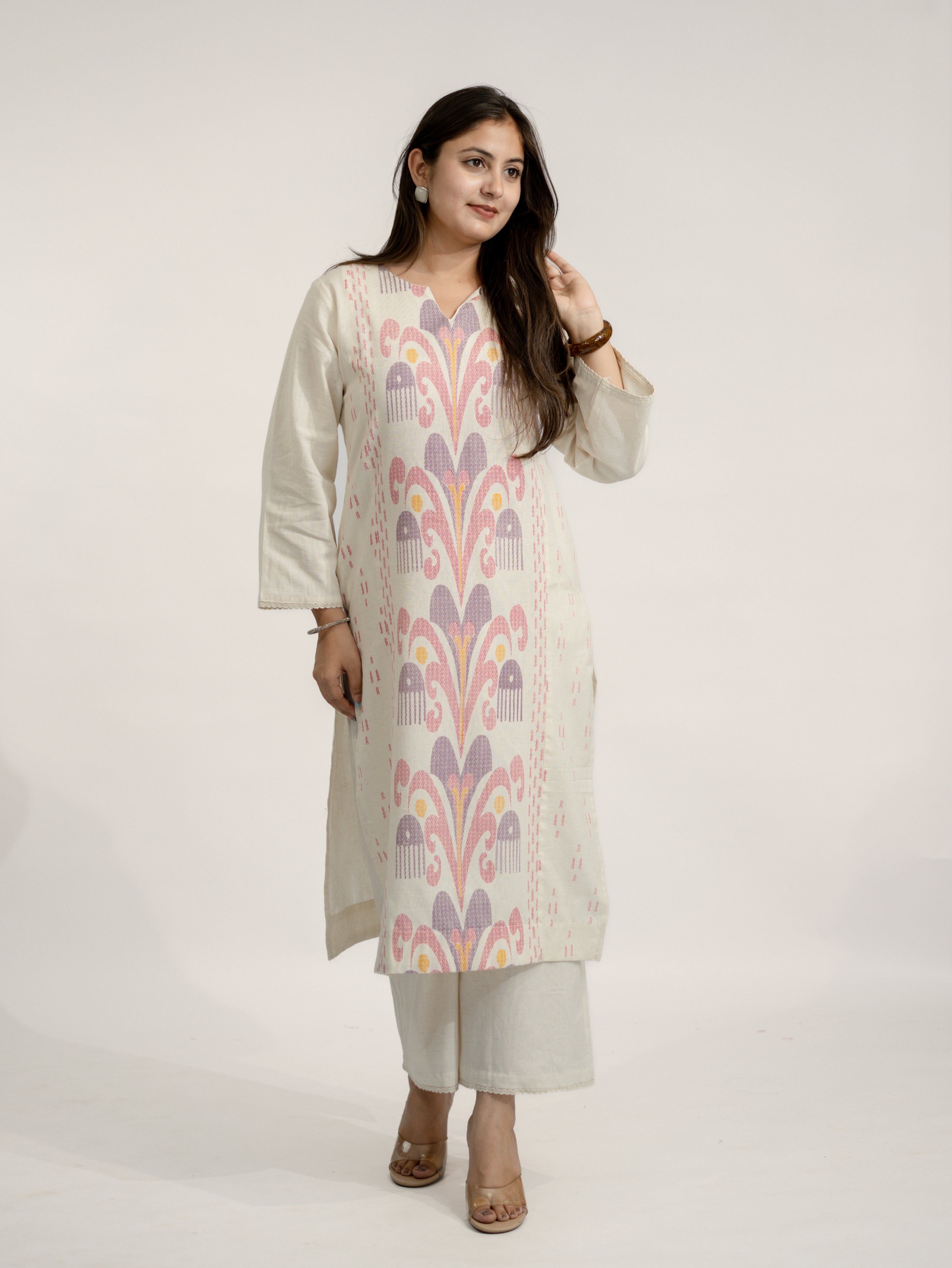 Nancy Offwhite-Pink A-line Cotton Kurta Set