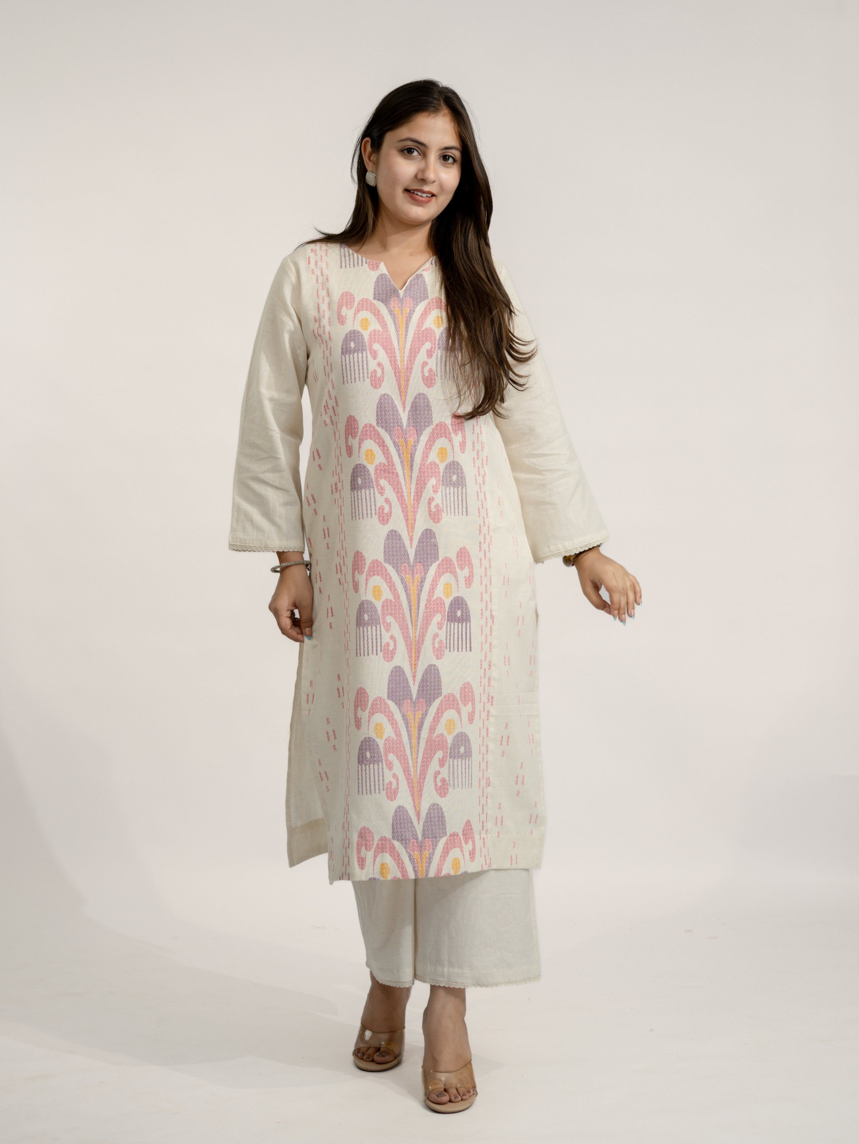 Nancy Offwhite-Pink A-line Cotton Kurta Set