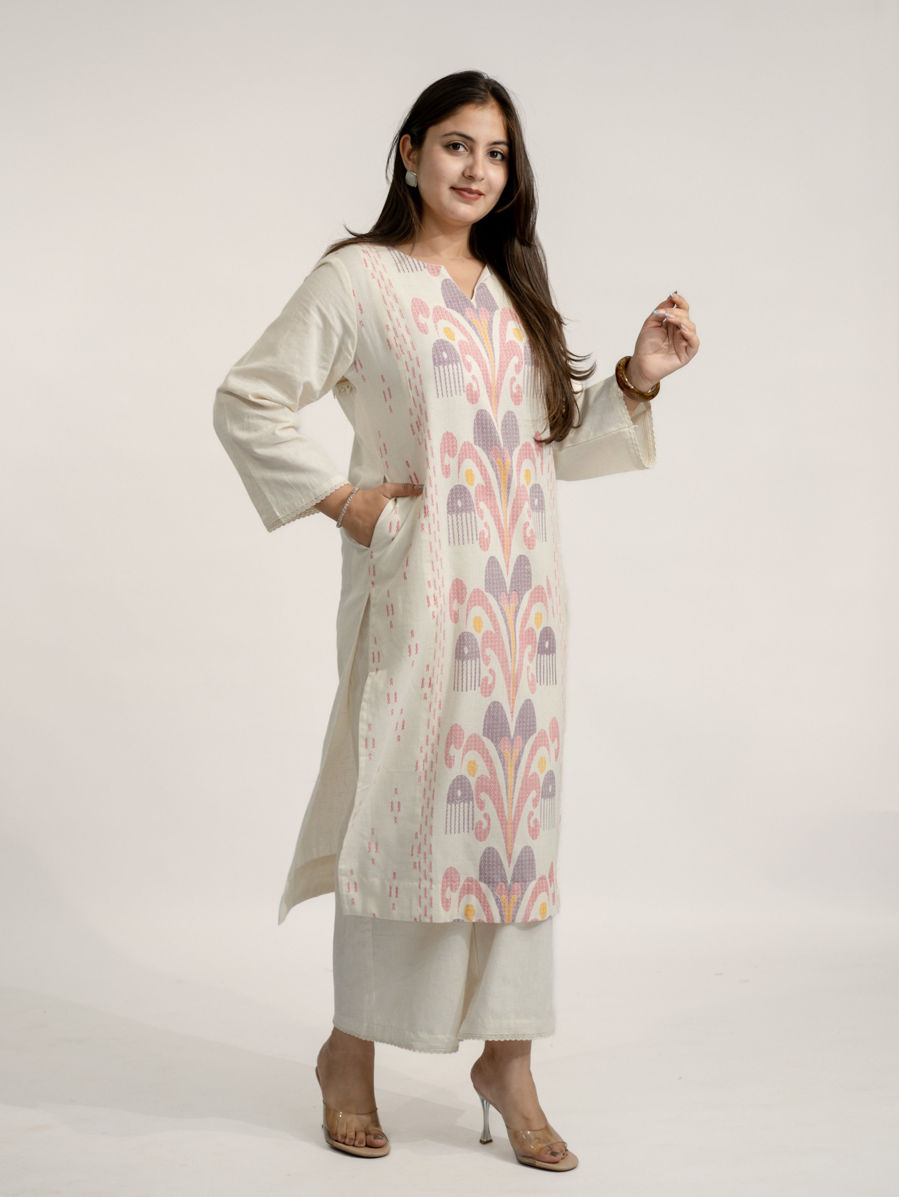 Nancy Offwhite-Pink A-line Cotton Kurta Set