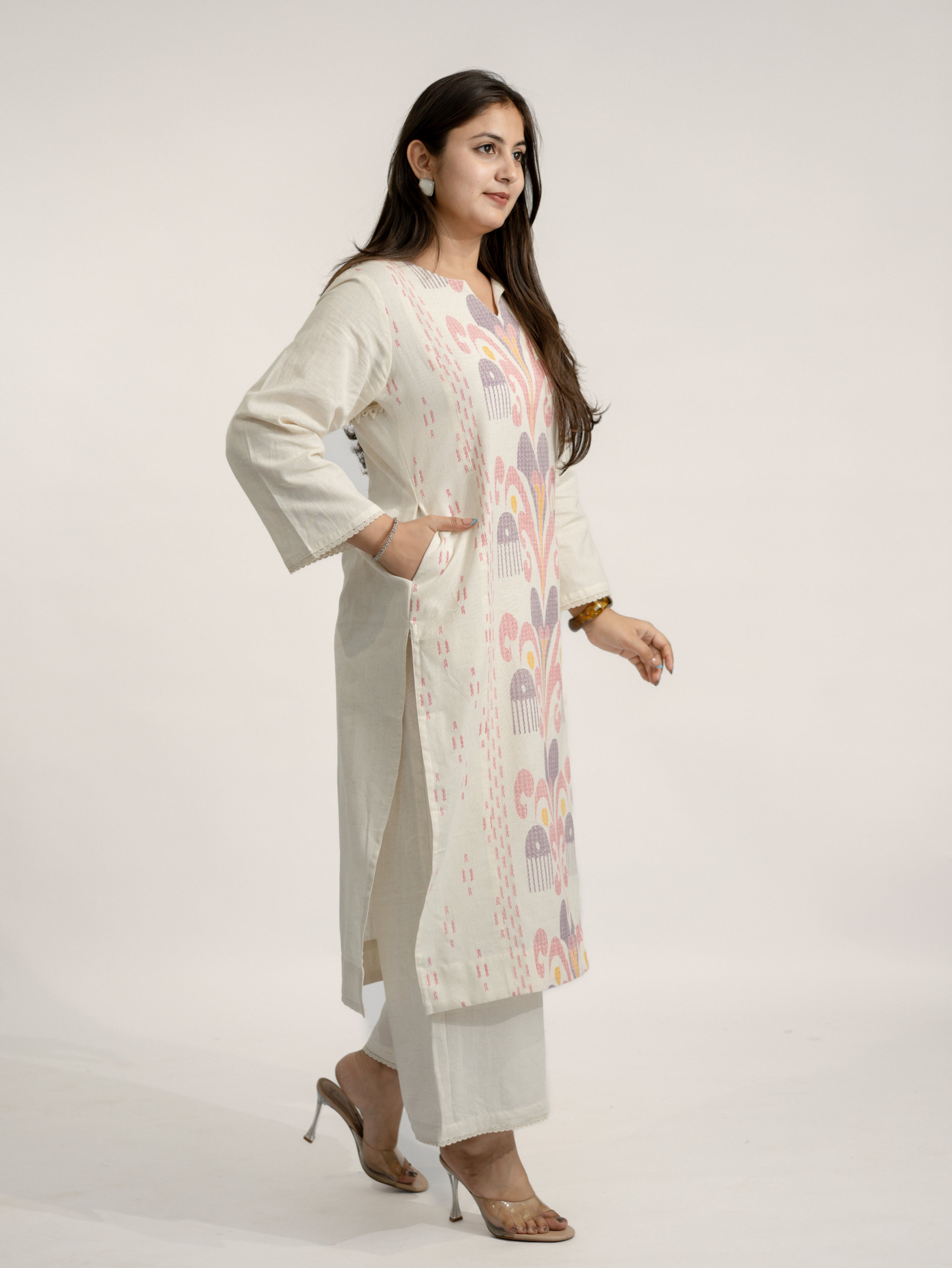 Nancy Offwhite-Pink A-line Cotton Kurta Set